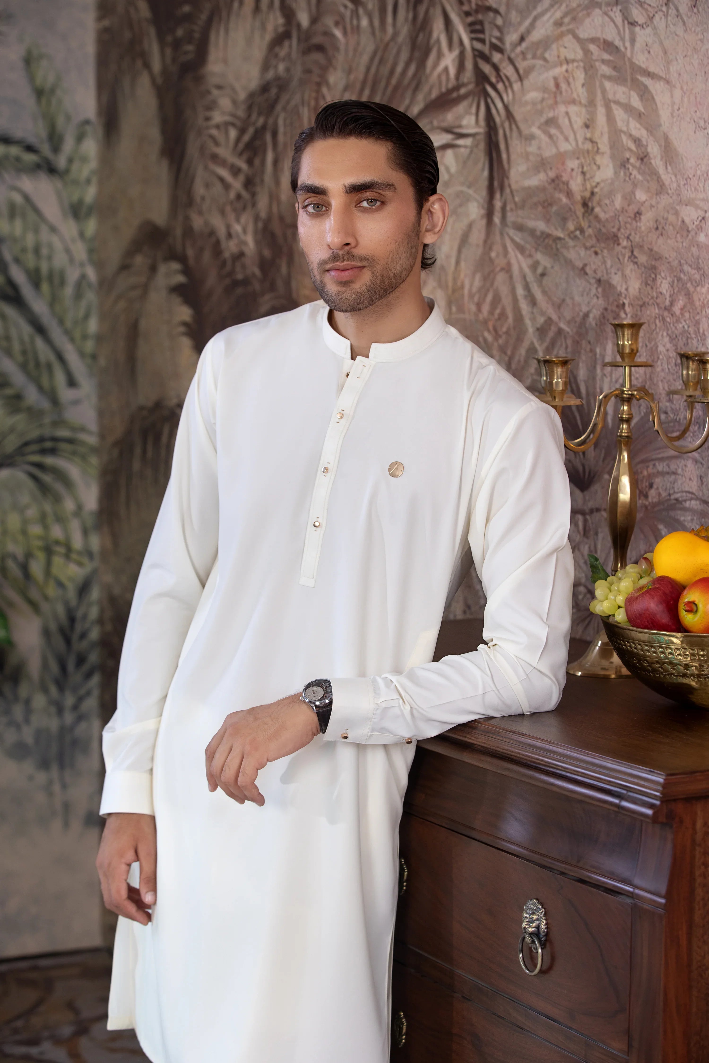 UnStitched Boski Premium Kurta Trouser With Golden Metal Buttons for Men - Cream