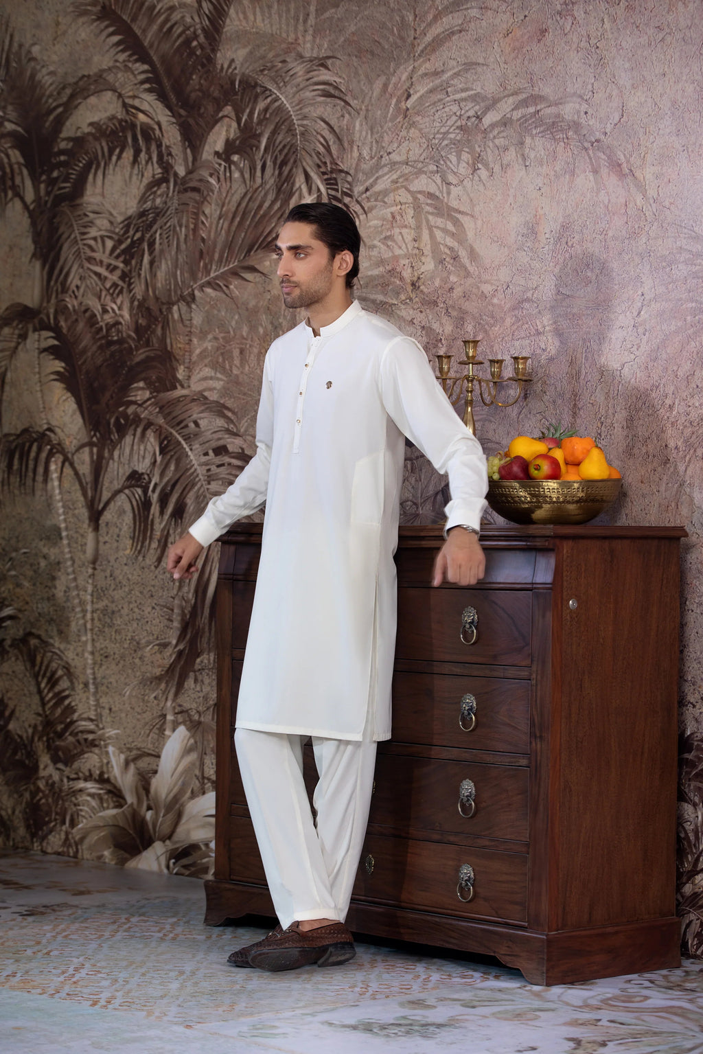 UnStitched Boski Premium Kurta Trouser With Golden Metal Buttons for Men - Cream
