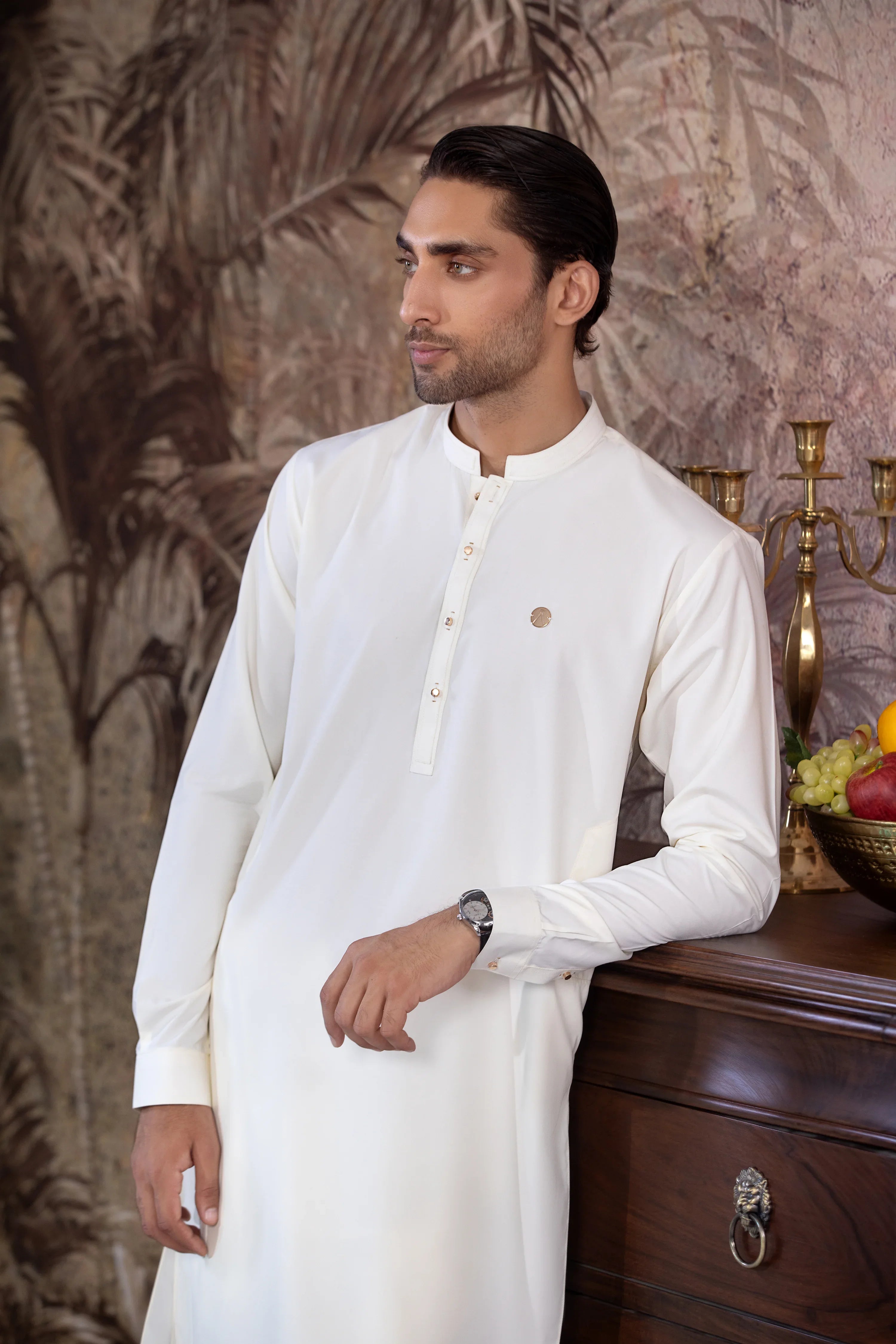 UnStitched Boski Premium Kurta Trouser With Golden Metal Buttons for Men - Cream