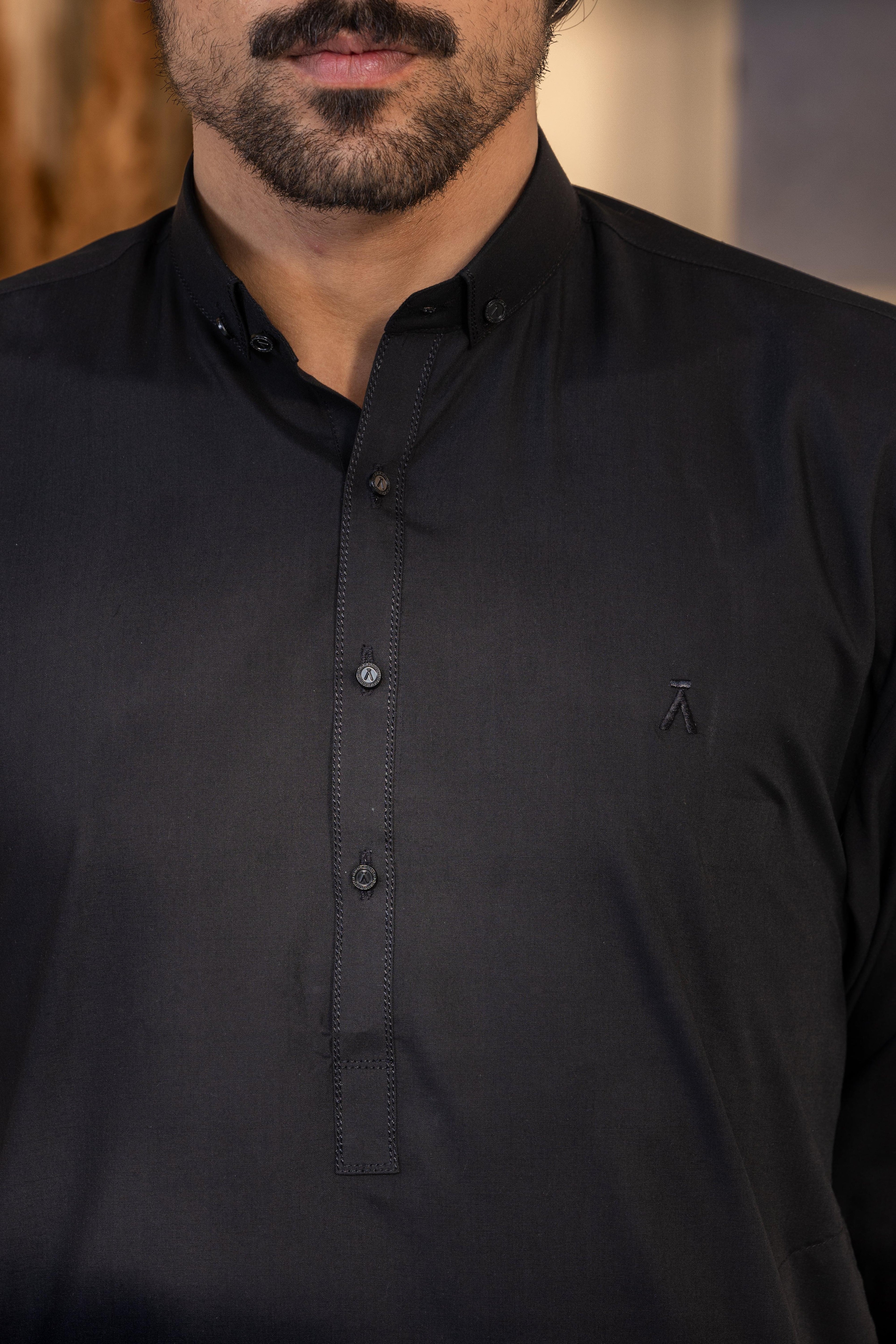 Stitched Button Down Collar Kameez With Matching Shalwar for Men - Black