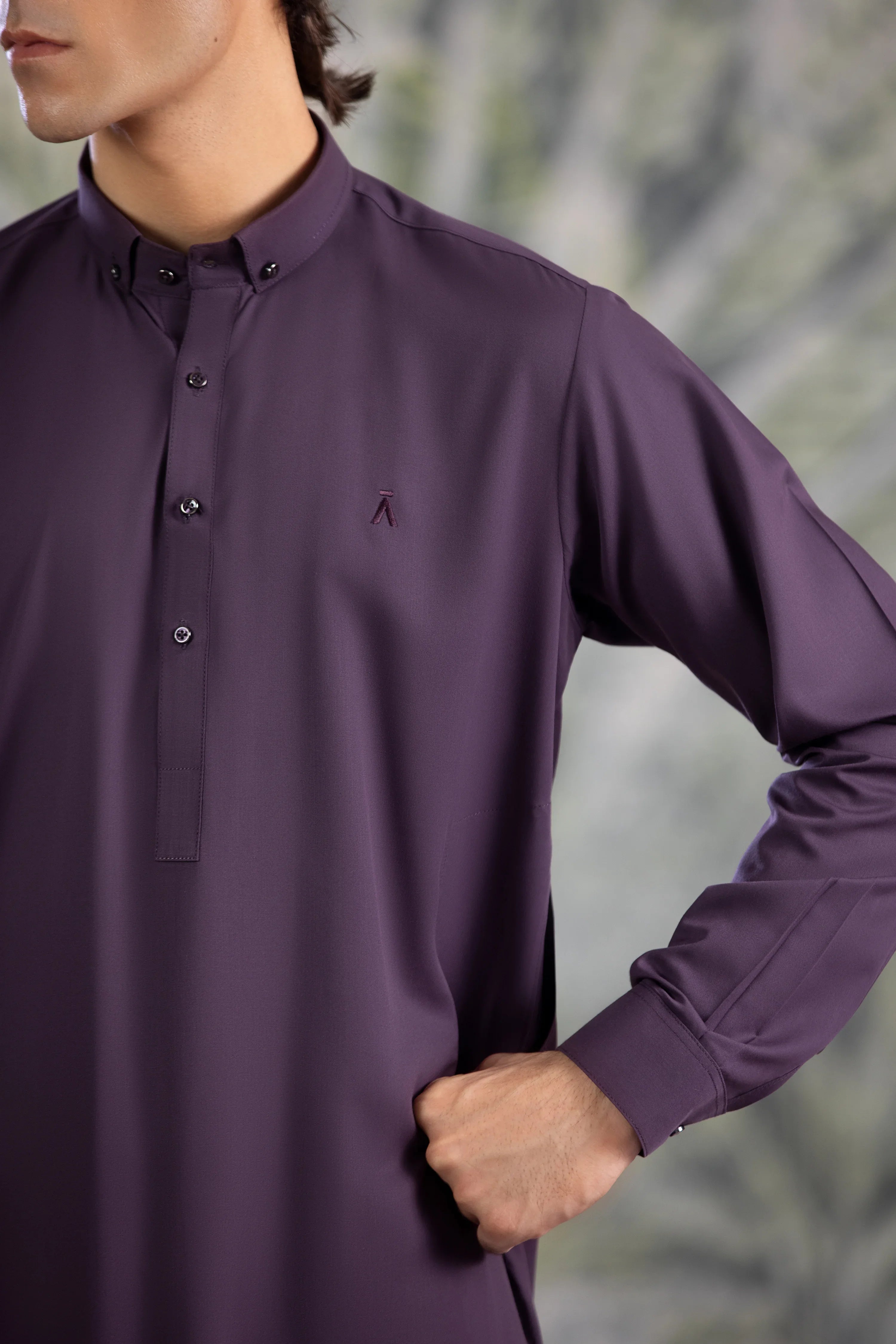 Stitched Button Down Collar Kameez With Matching Shalwar for Men - Purple