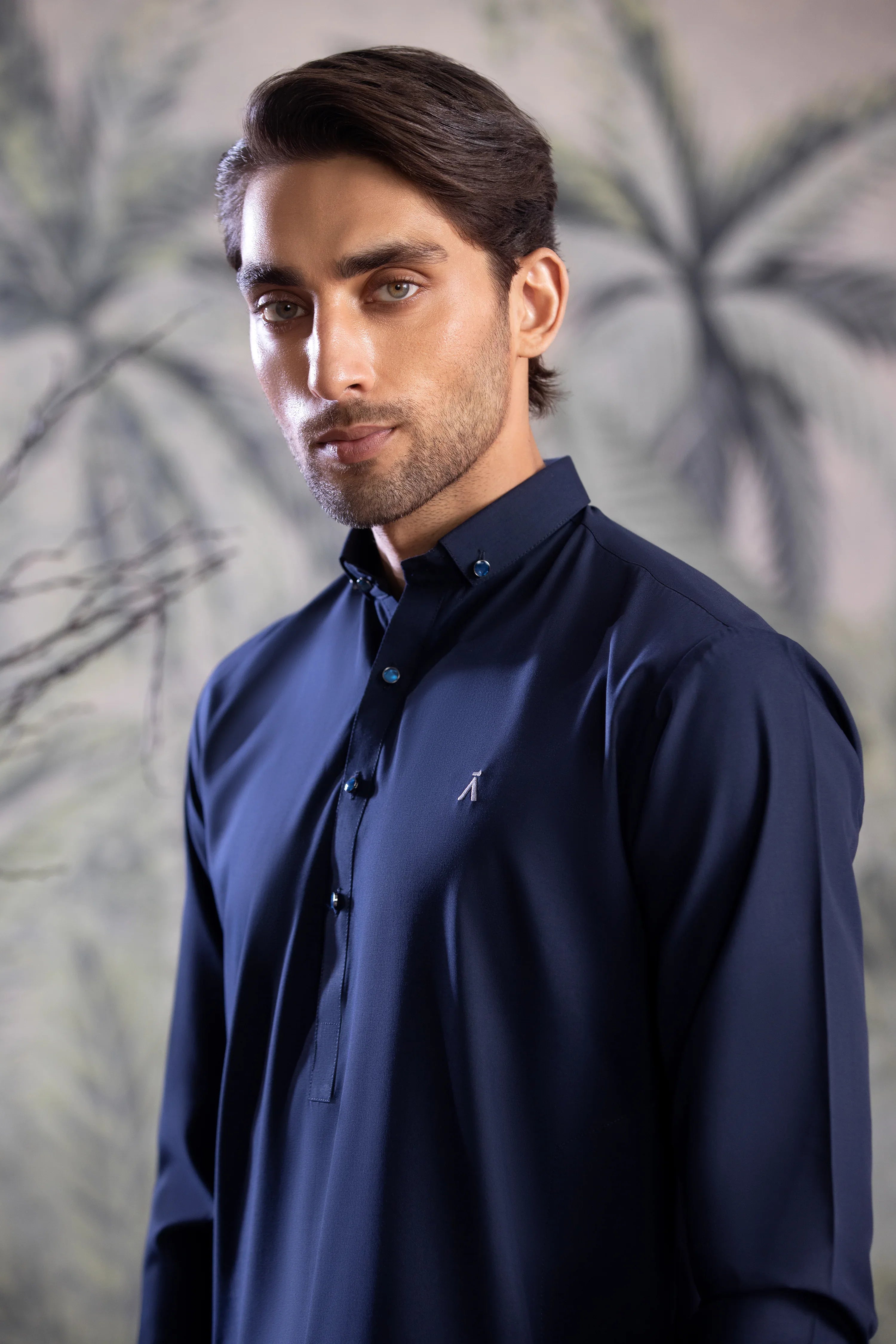 Stitched Button Down Collar Shalwar Kameez for Men - Navy Blue