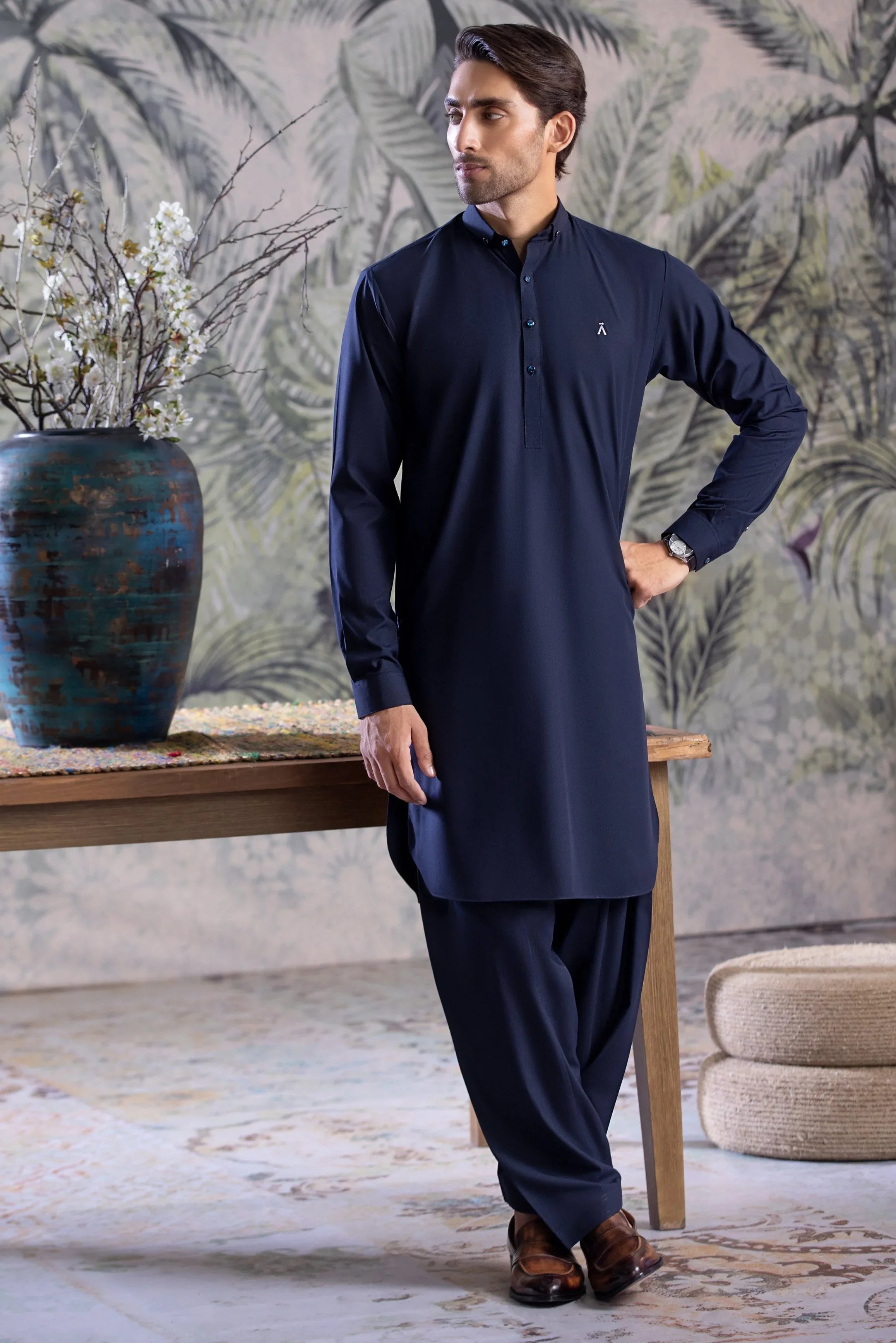 Stitched Button Down Collar Shalwar Kameez for Men - Navy Blue