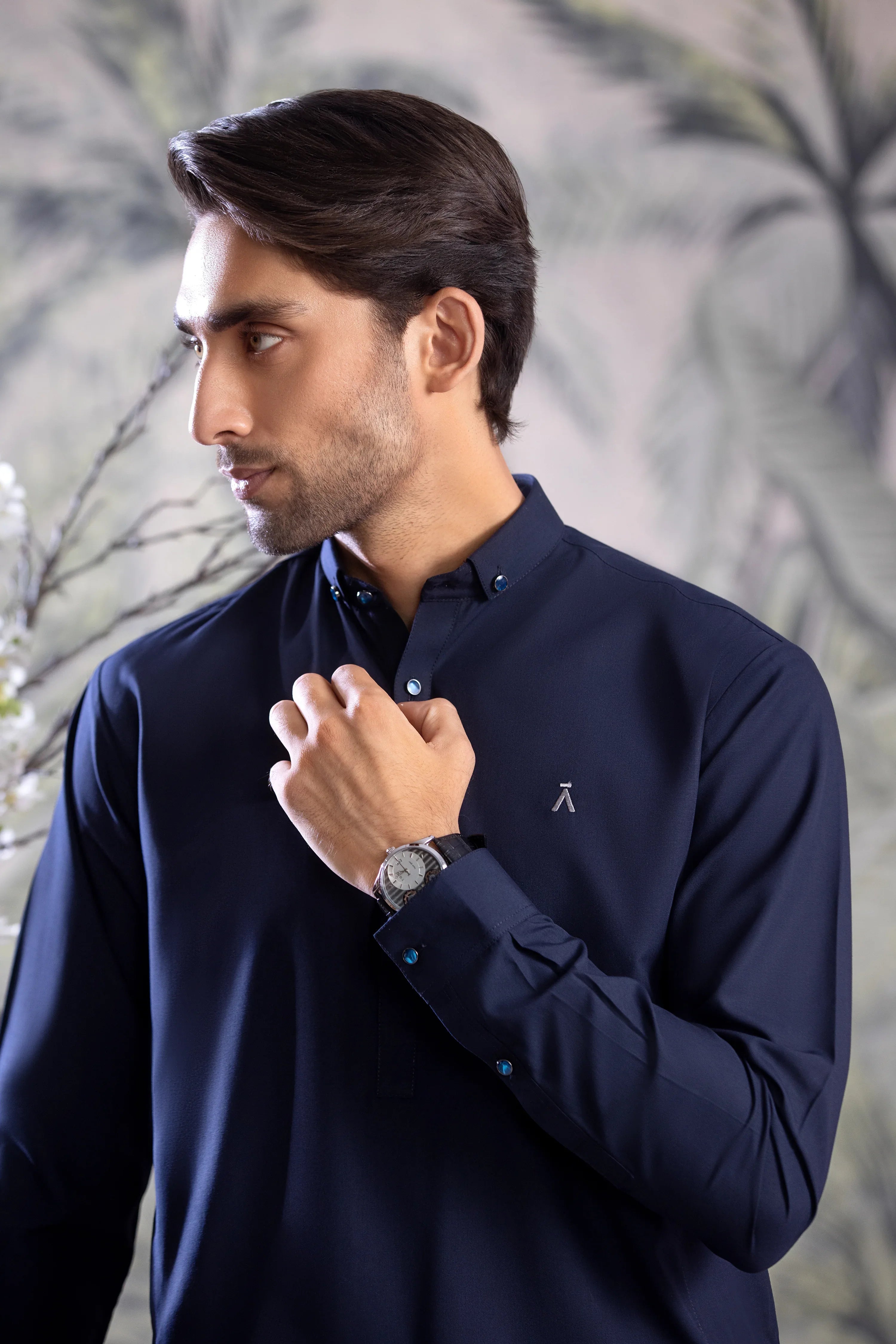 Stitched Button Down Collar Shalwar Kameez for Men - Navy Blue