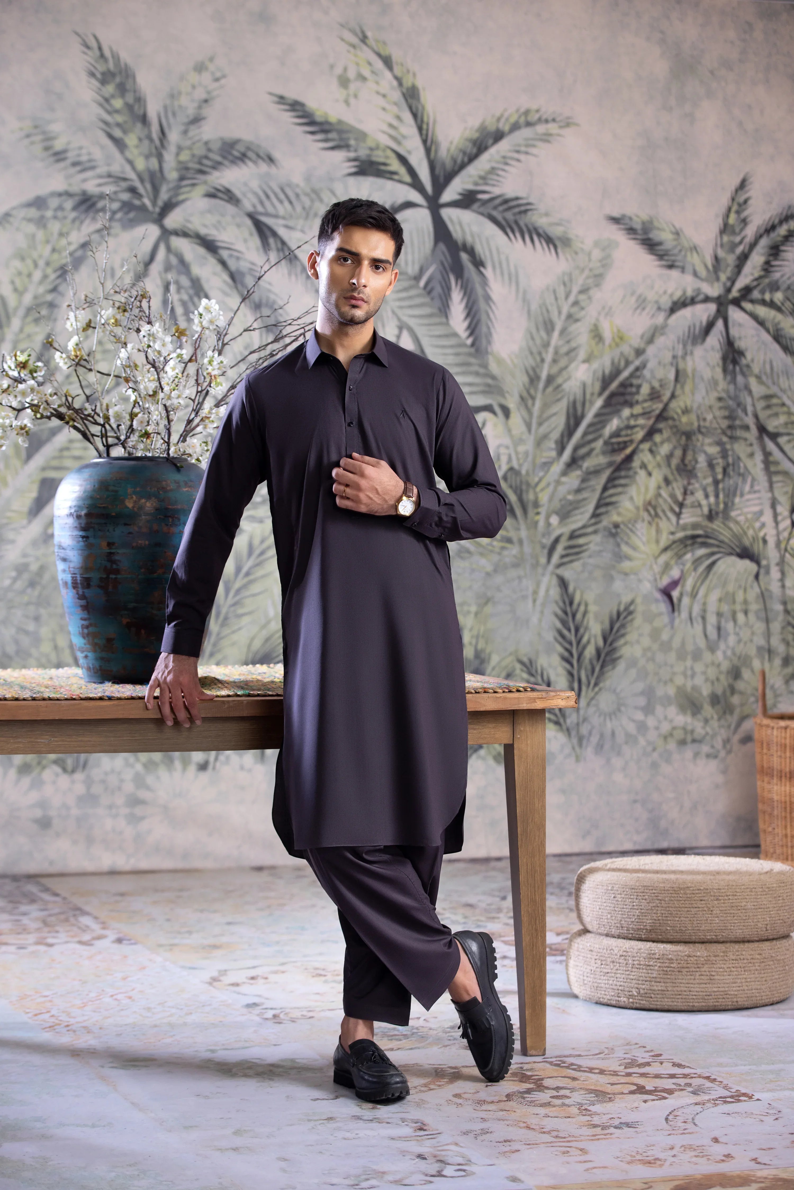 Stitched Collar Kameez Shalwar for Men - Charcoal Grey