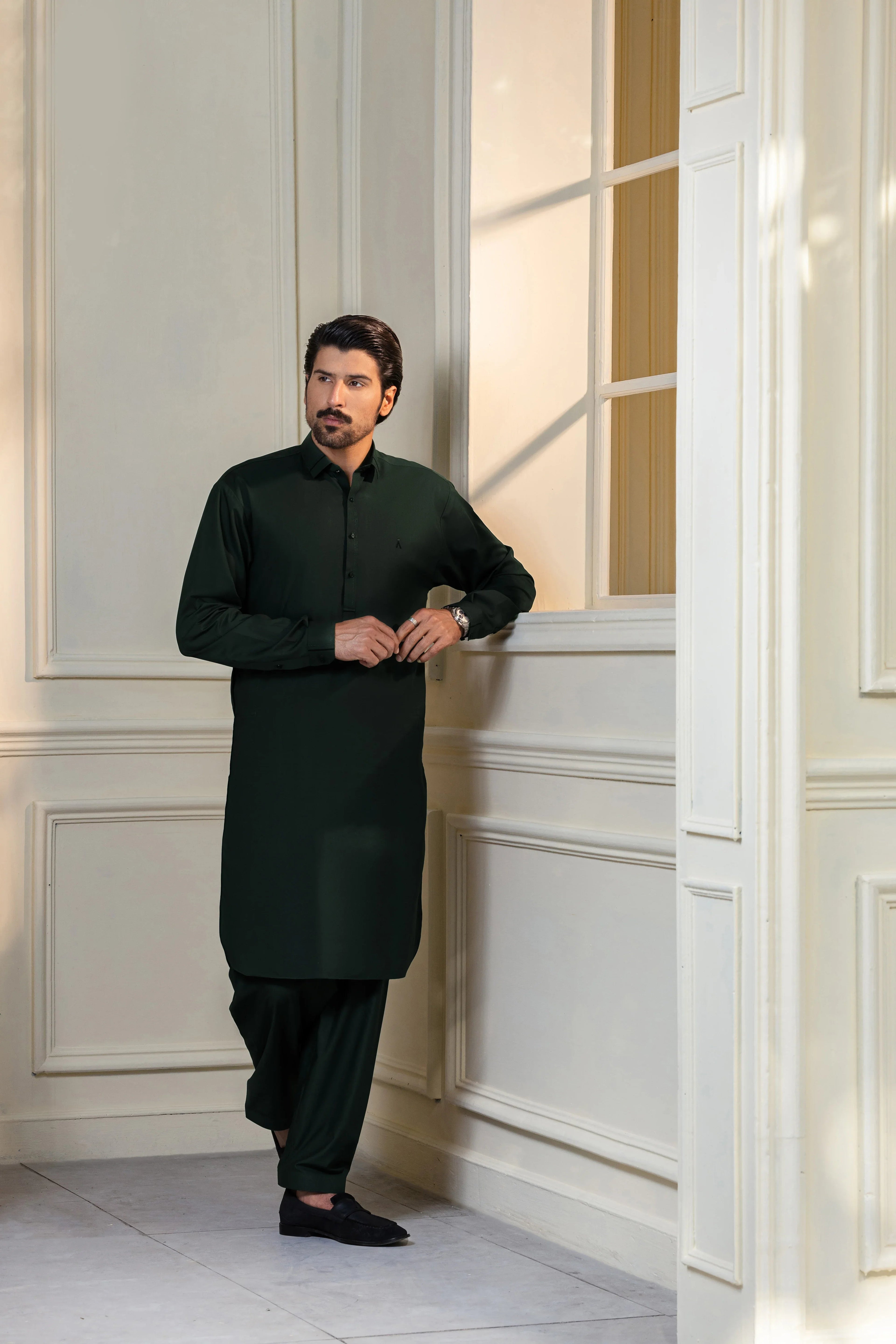 Stitched Collar Kameez Shalwar for Men - Emerald Green