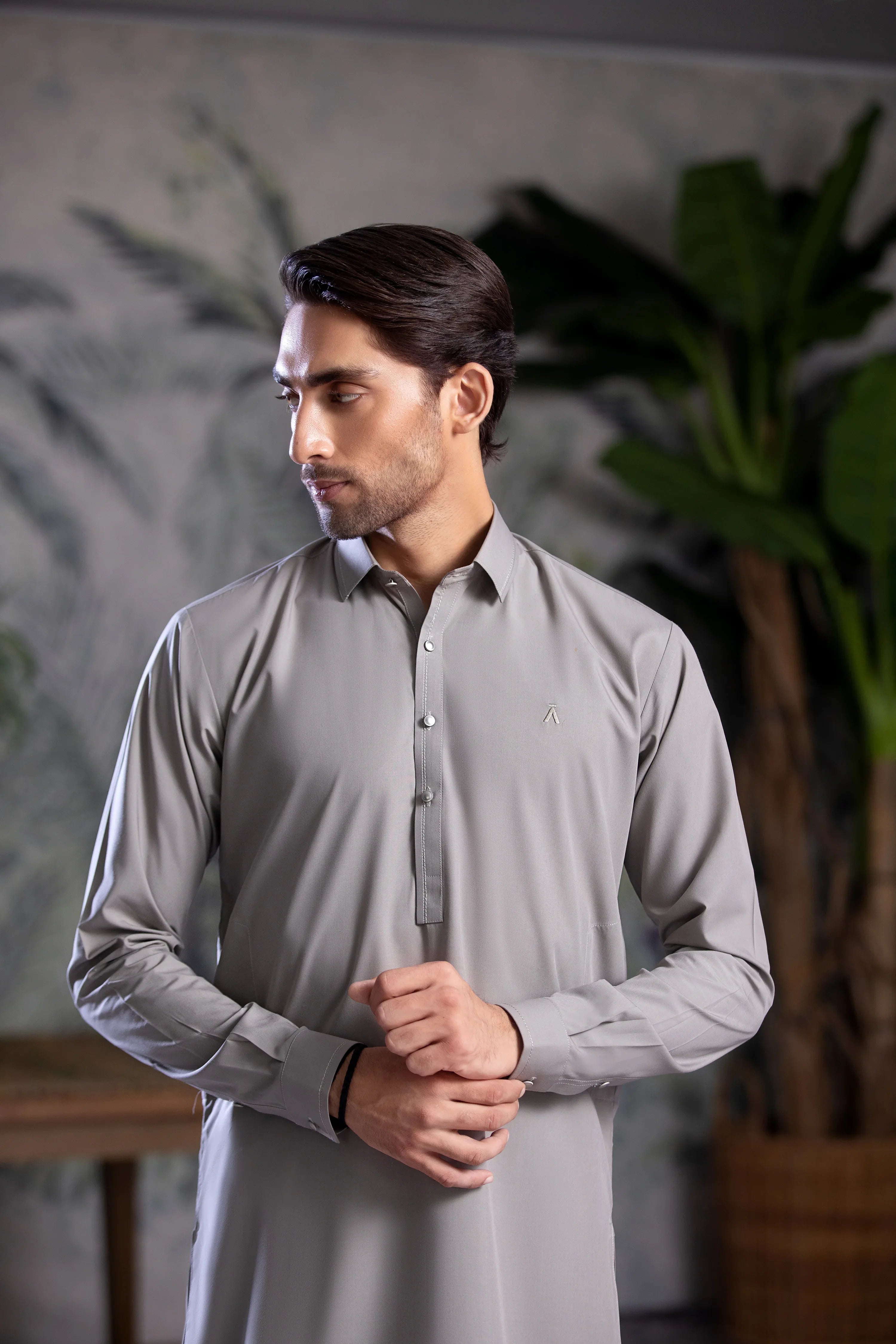 Stitched Collar Kameez With Matching Shalwar for Men - Light Grey
