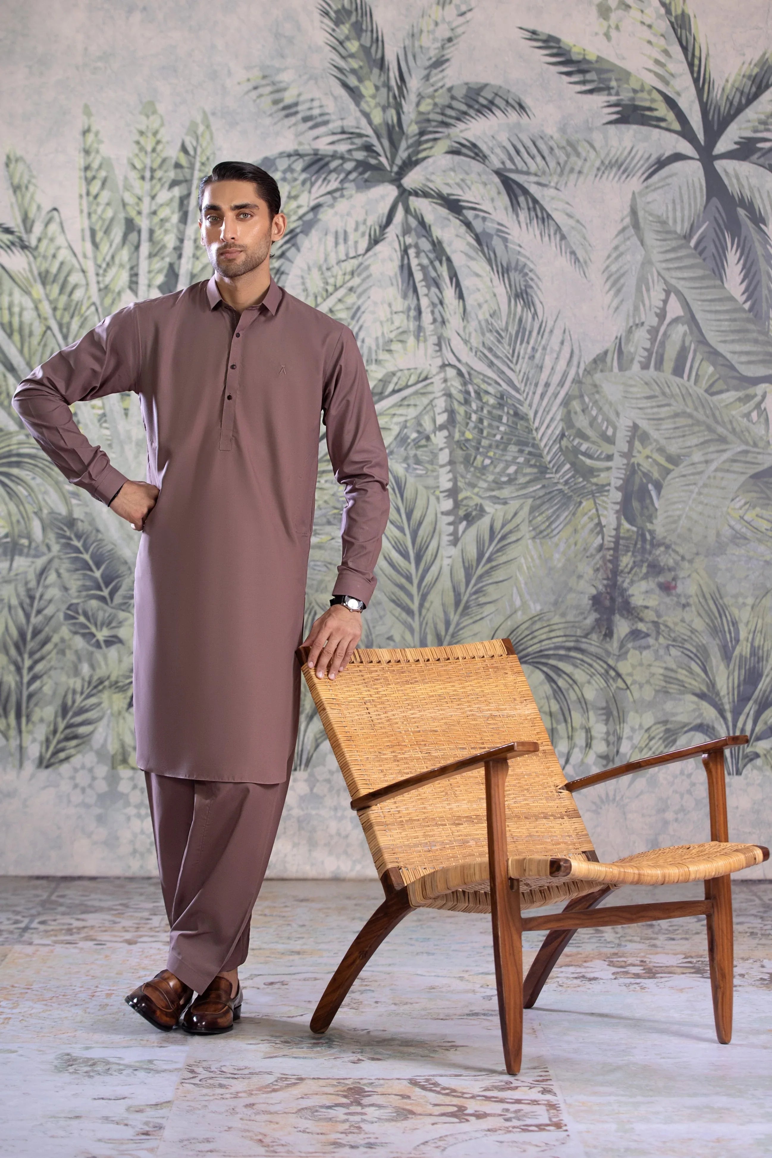 Stitched Collar Kameez With Matching Shalwar for Men - Mauve