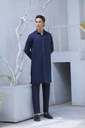 Stitched Collar Kurta With Matching Trouser for Men - Navy Blue