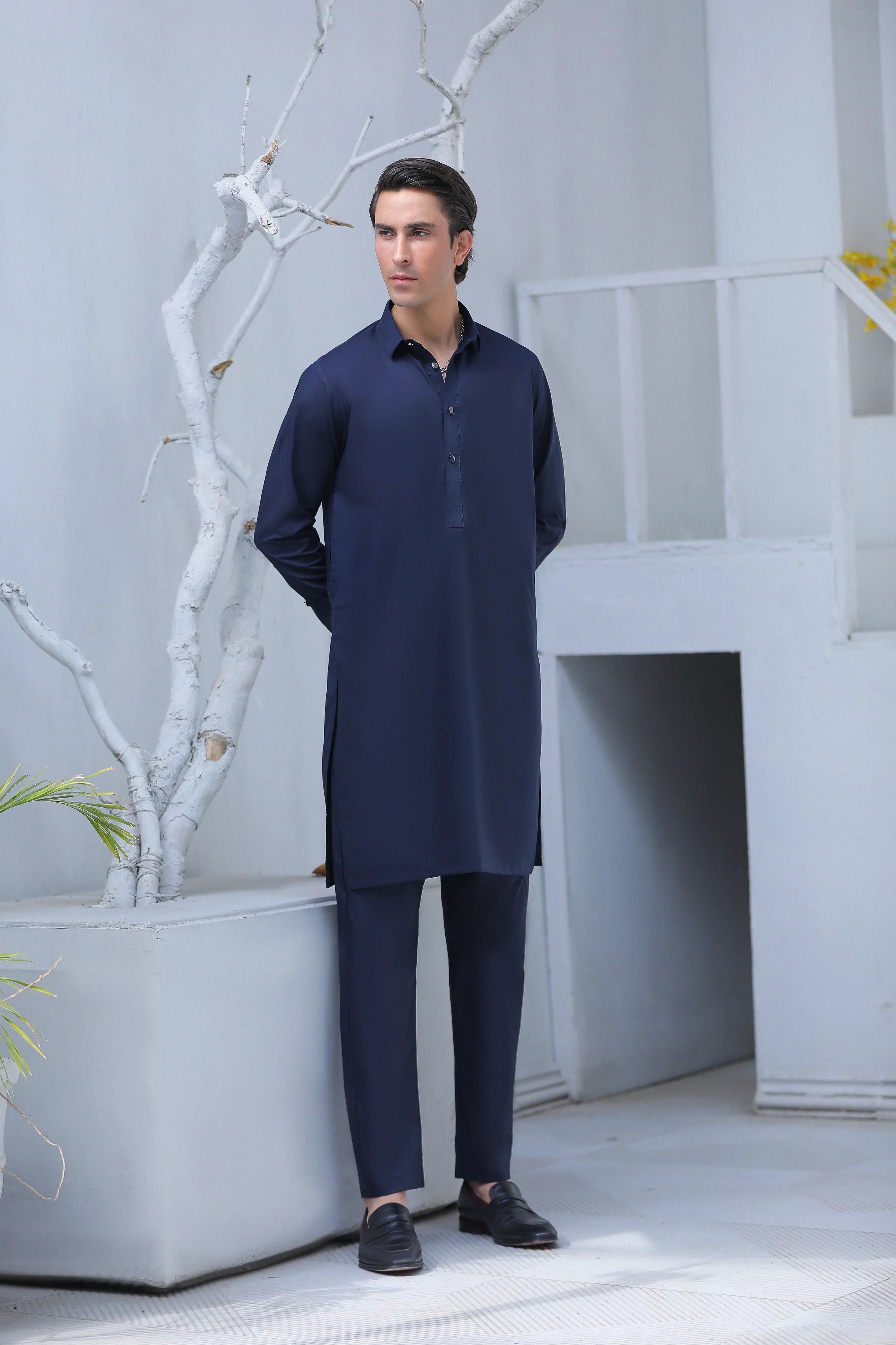 Stitched Collar Kurta With Matching Trouser for Men - Navy Blue
