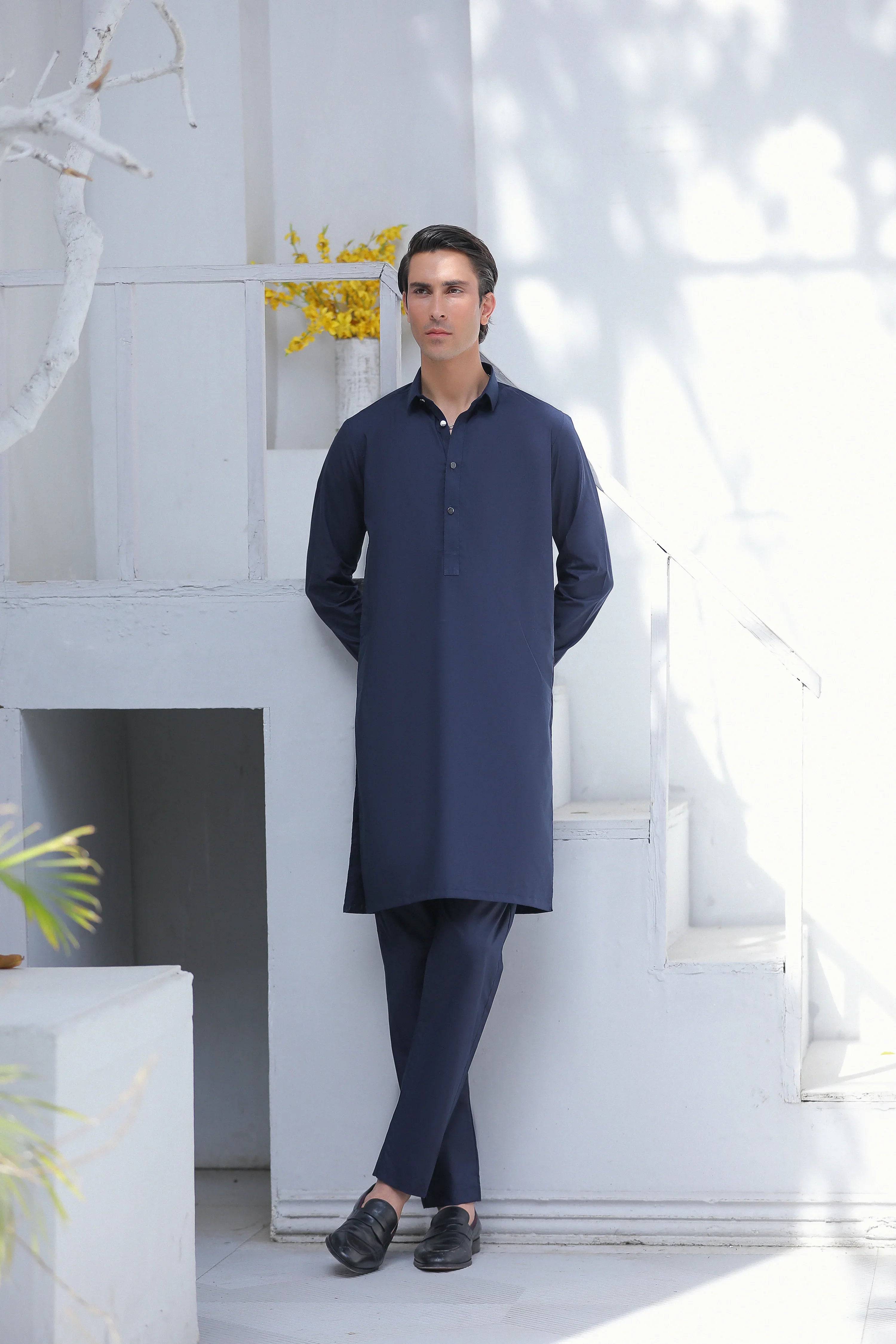 Stitched Collar Kurta With Matching Trouser for Men - Navy Blue