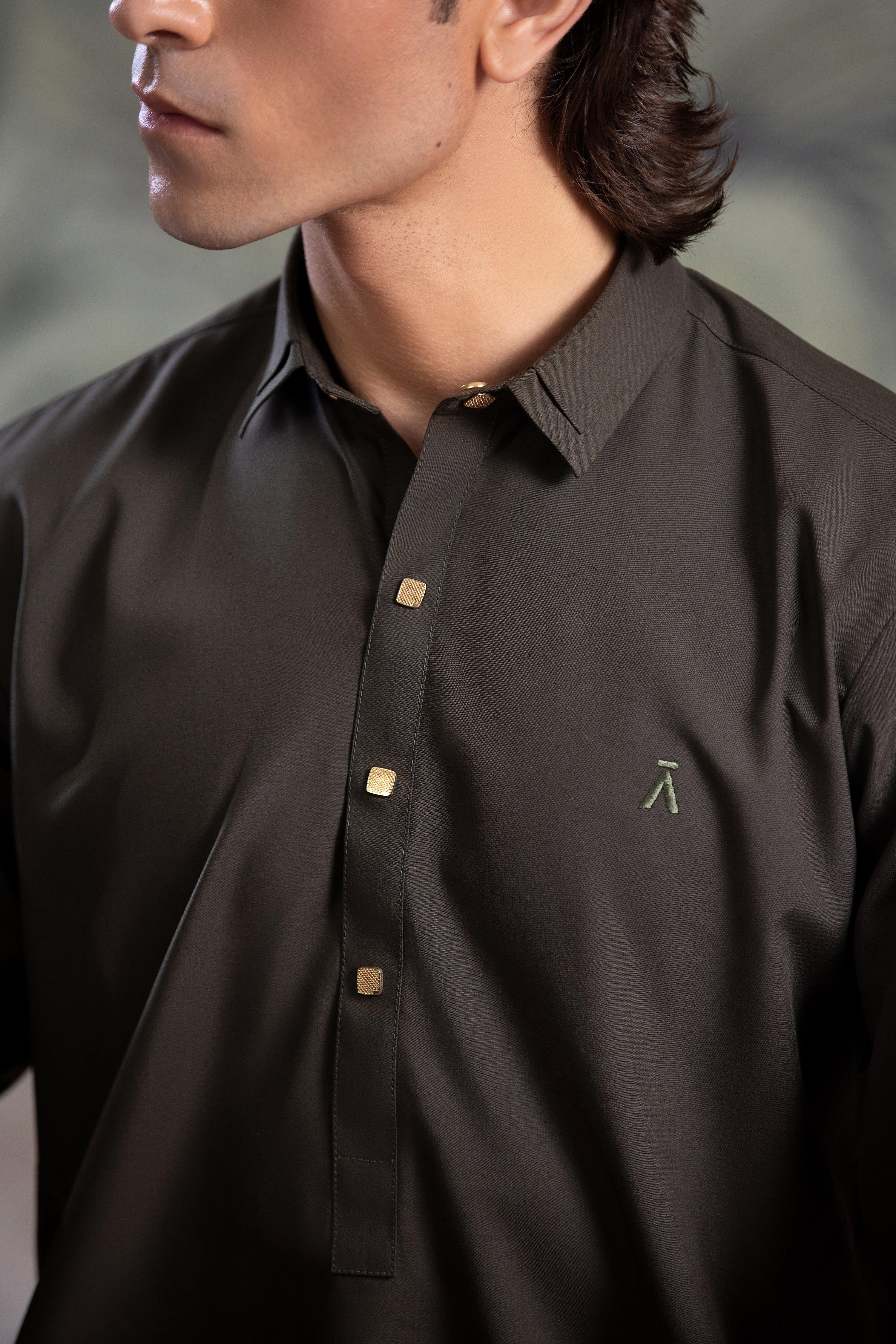 Stitched Double Collar & Cuff Detail Kameez Shalwar for Men - Olive Green