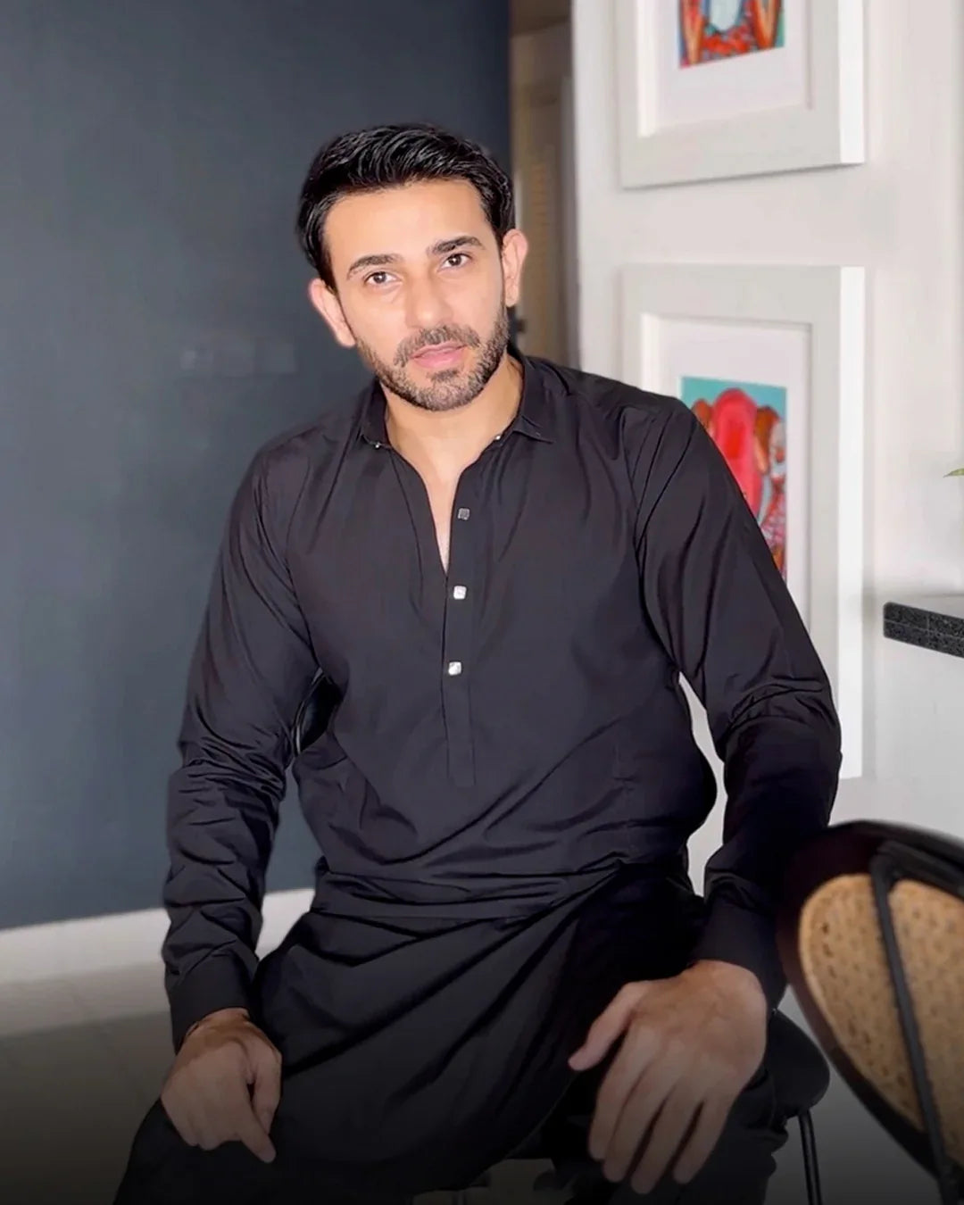 Stitched Double Collar Kameez Shalwar With Silver Square Metal Buttons for Men - Black