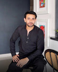 Stitched Double Collar Kameez Shalwar With Silver Square Metal Buttons for Men - Black