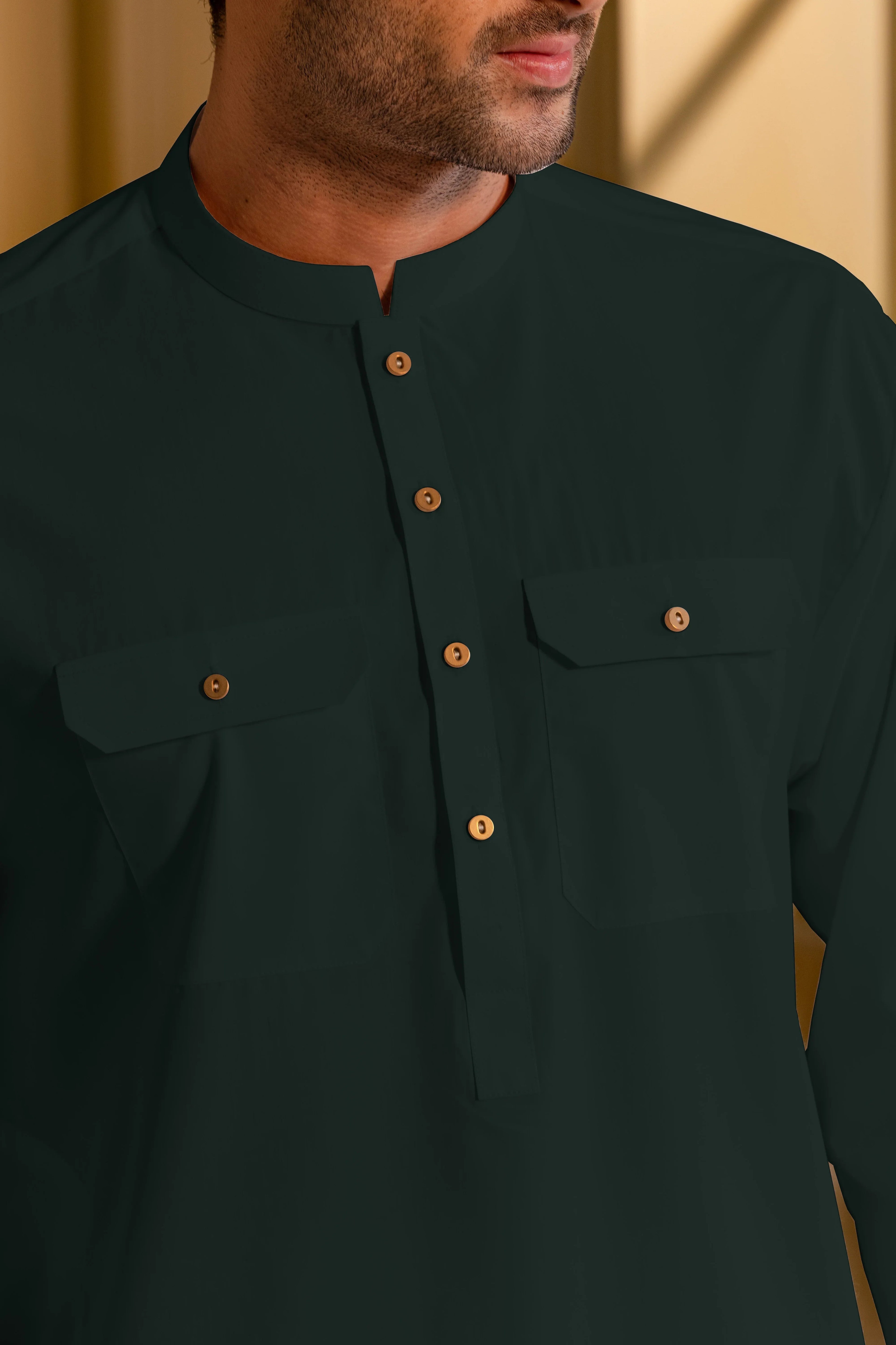 Stitched Double Pocket Boski Kurta Trouser With Contrast Metal Buttons for Men - Off White | Black | Bottle Green