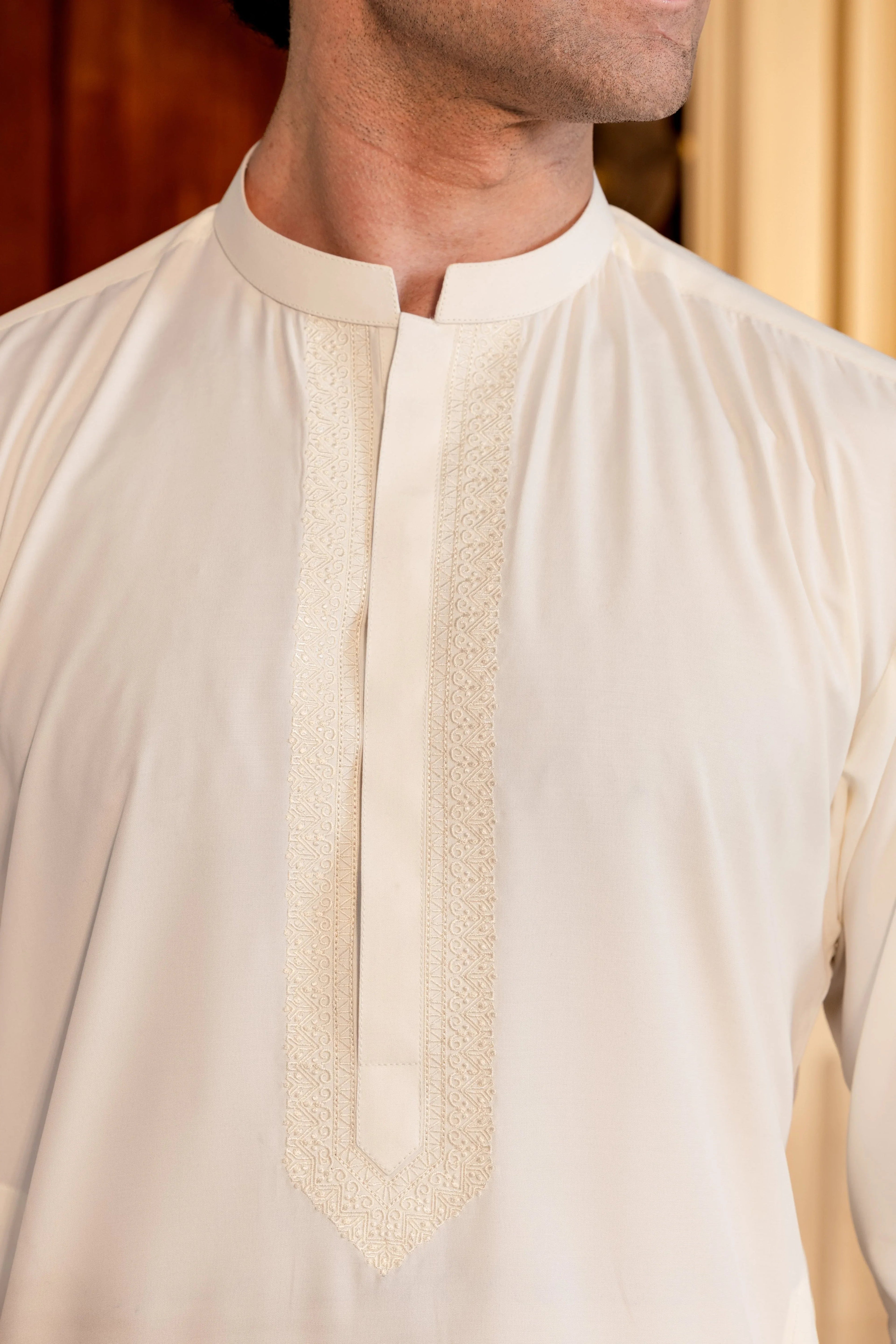 Stitched Elegant Boski Embroidered Kurta With Matching Shalwar for Men - Cream