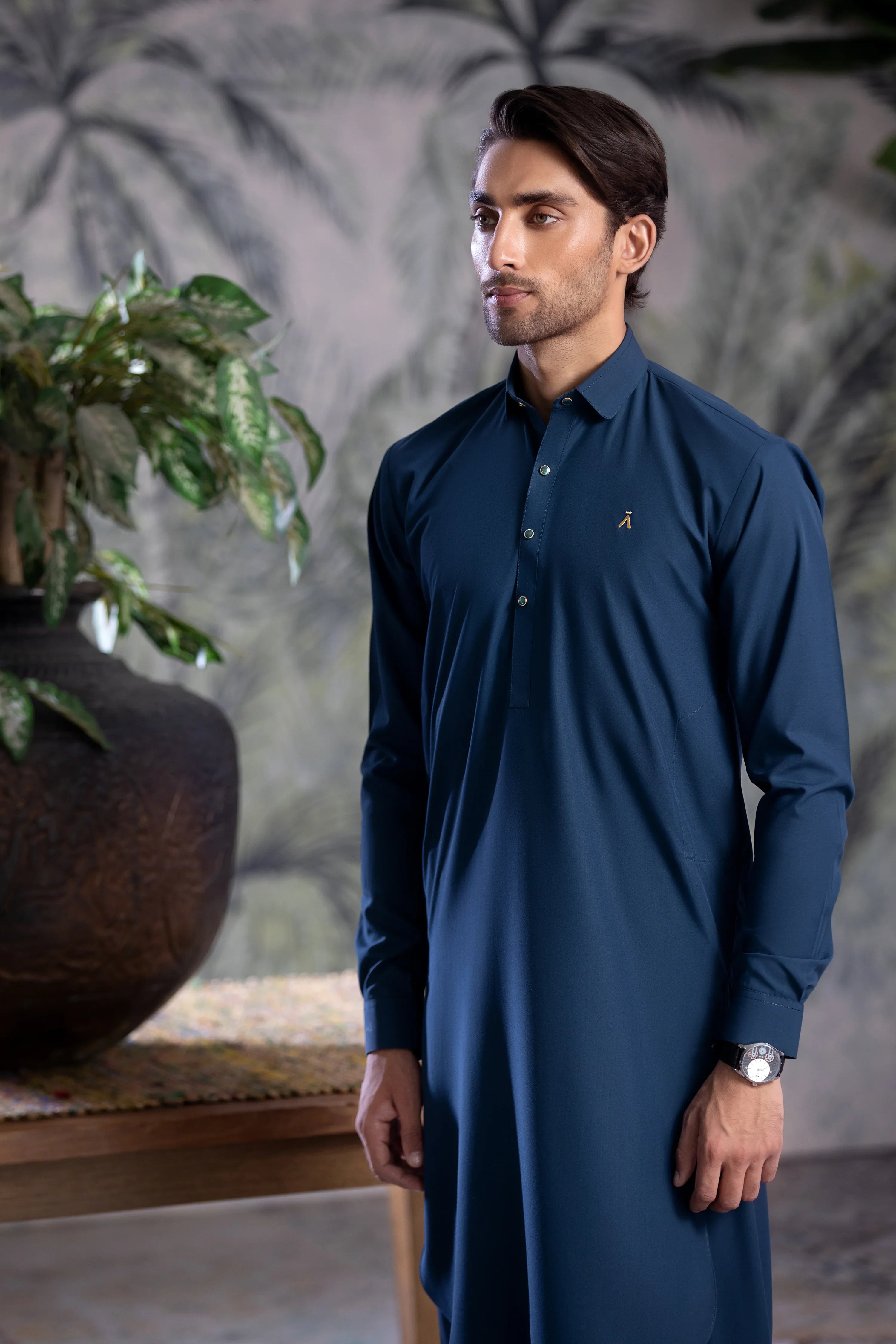 Stitched Elegant Collar Kameez Shalwar With Logo for Men -  Zinc