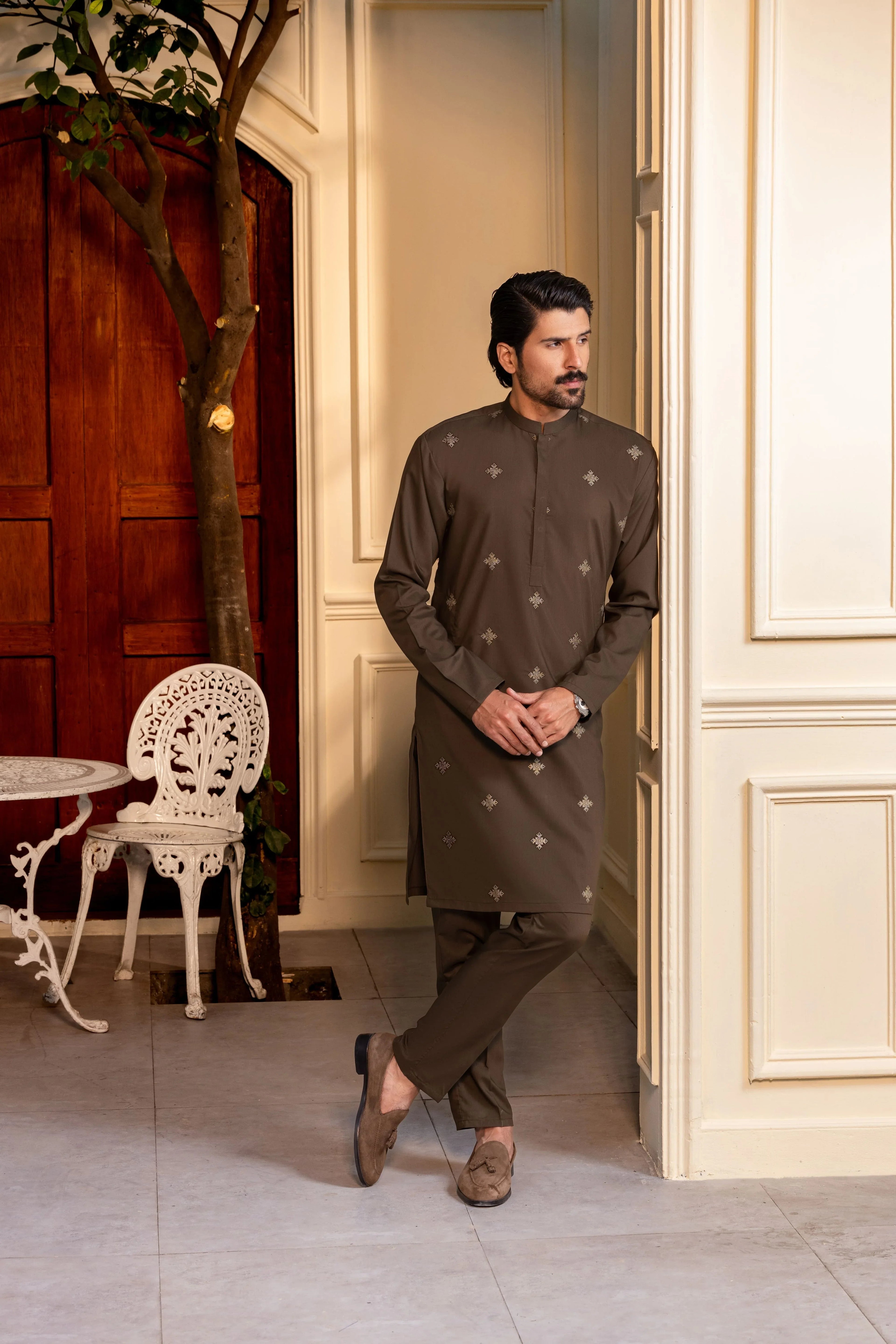 Stitched Embroidered Kurta With Matching Trousers for Men - Olive Green