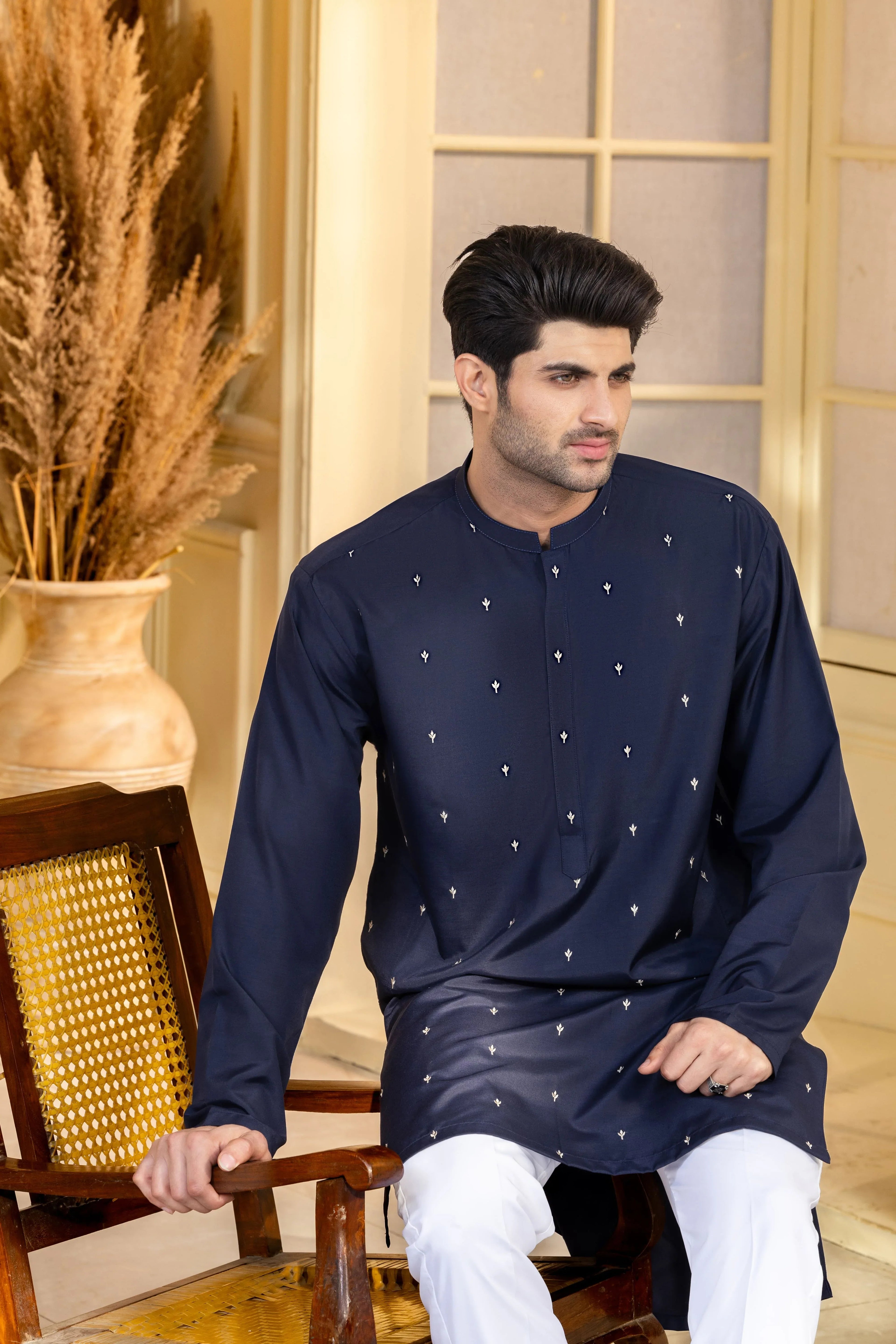 Stitched Embroidered Kurta With Trouser for Men - Navy Blue