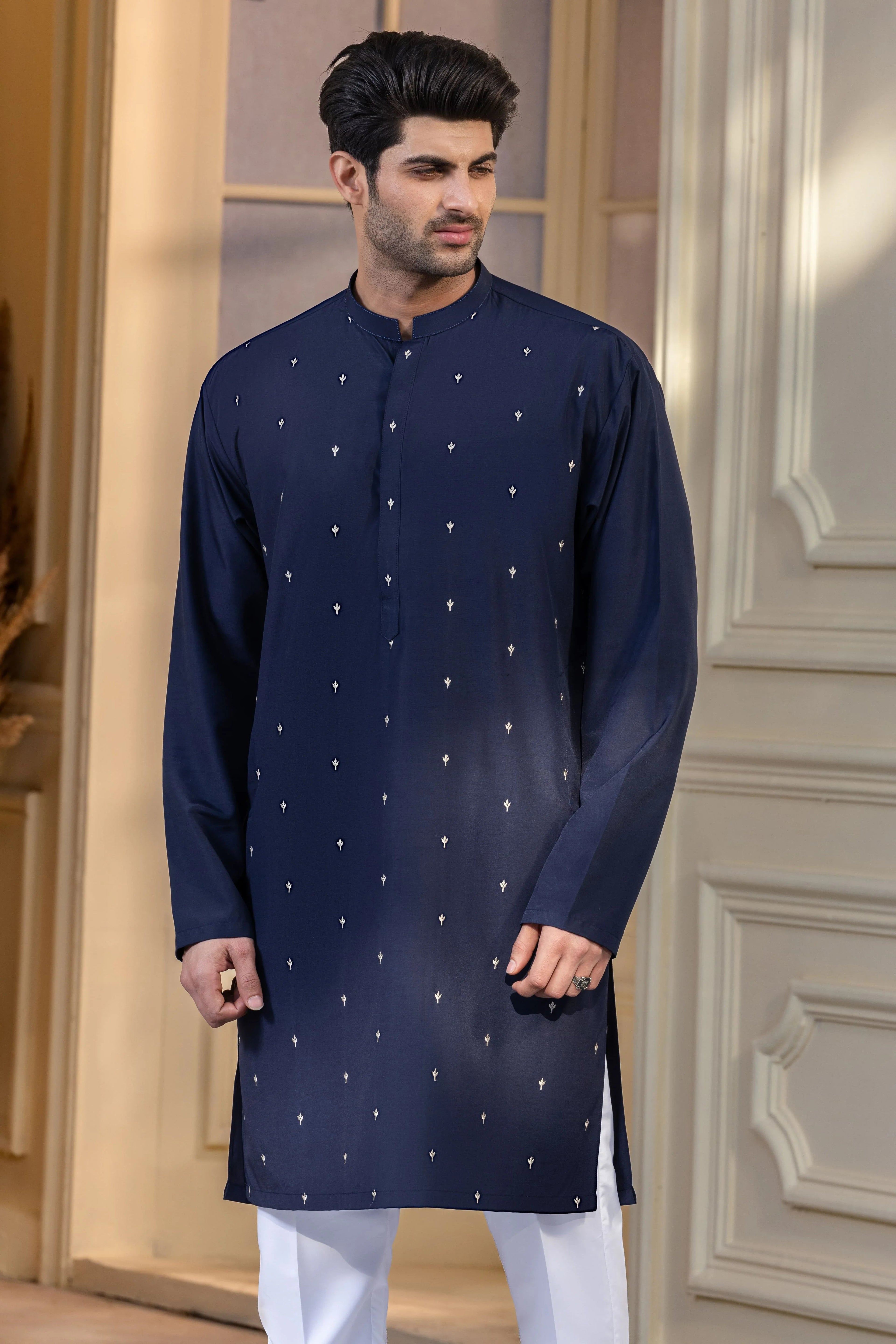 Stitched Embroidered Kurta With Trouser for Men - Navy Blue