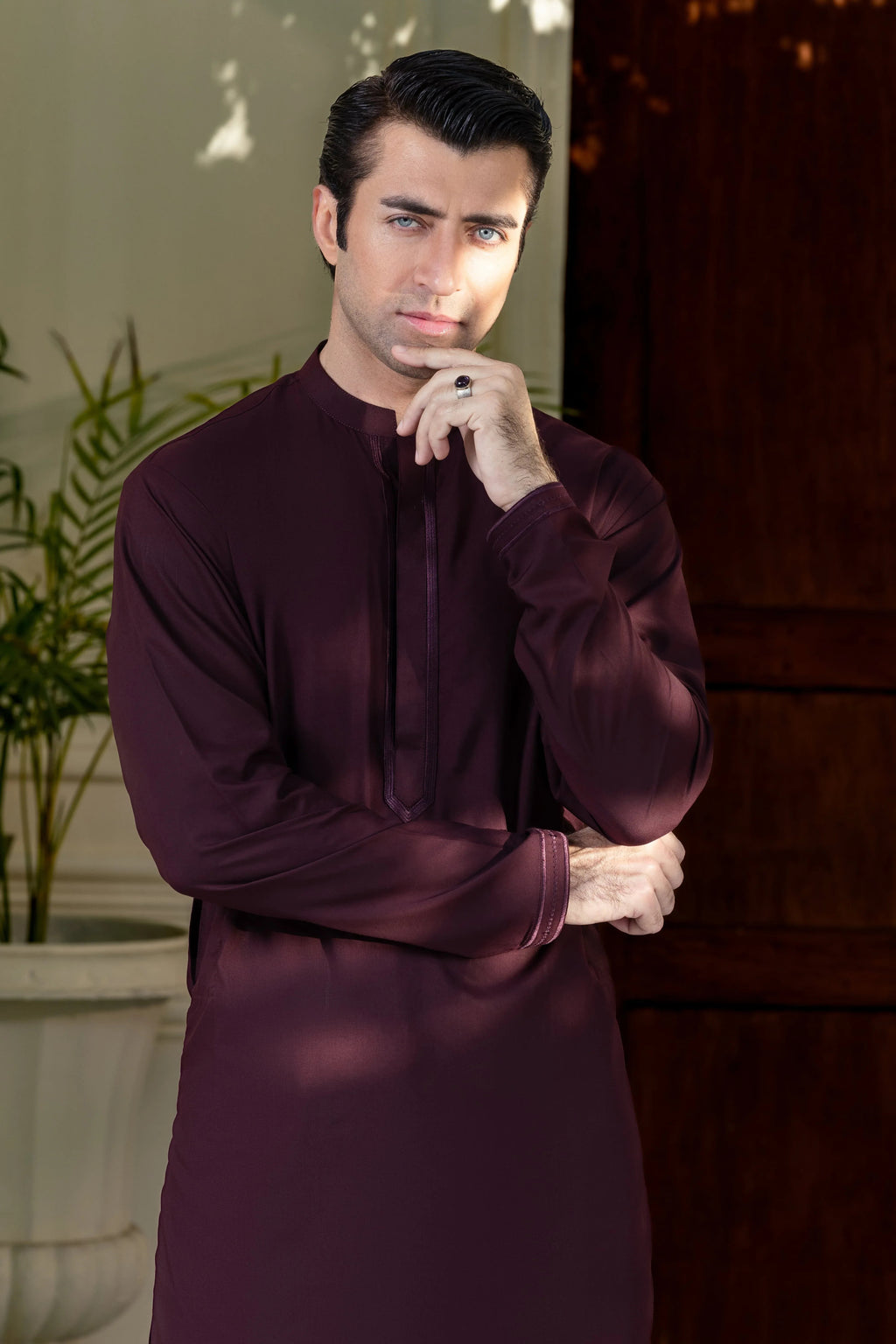 Stitched Exquisite Limited Edition Embroidered Kurta Trouser for Men - Maroon