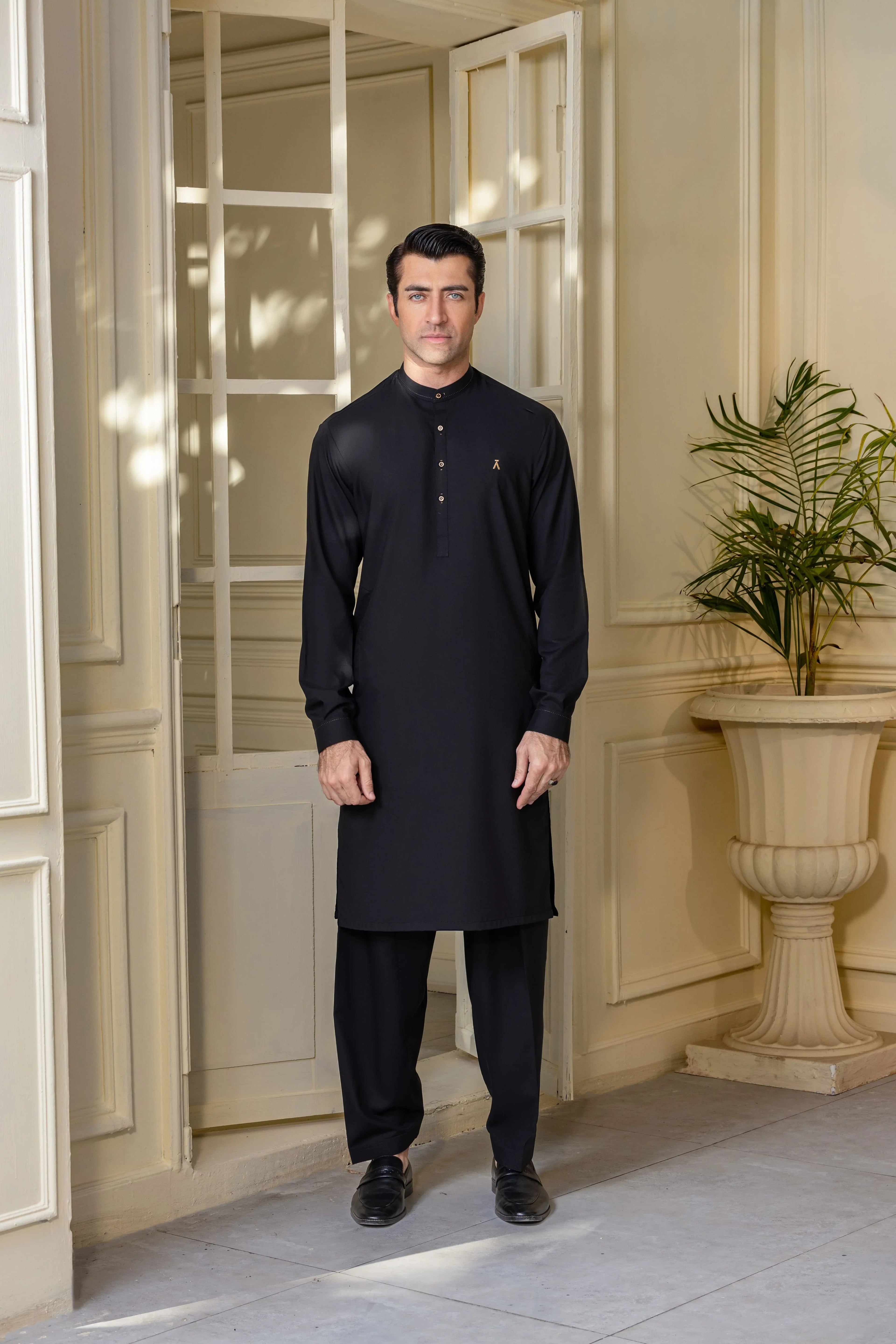Stitched Full Ban Kameez Shalwar With A MAN Logo Golden Buttons for Men - Royal Black