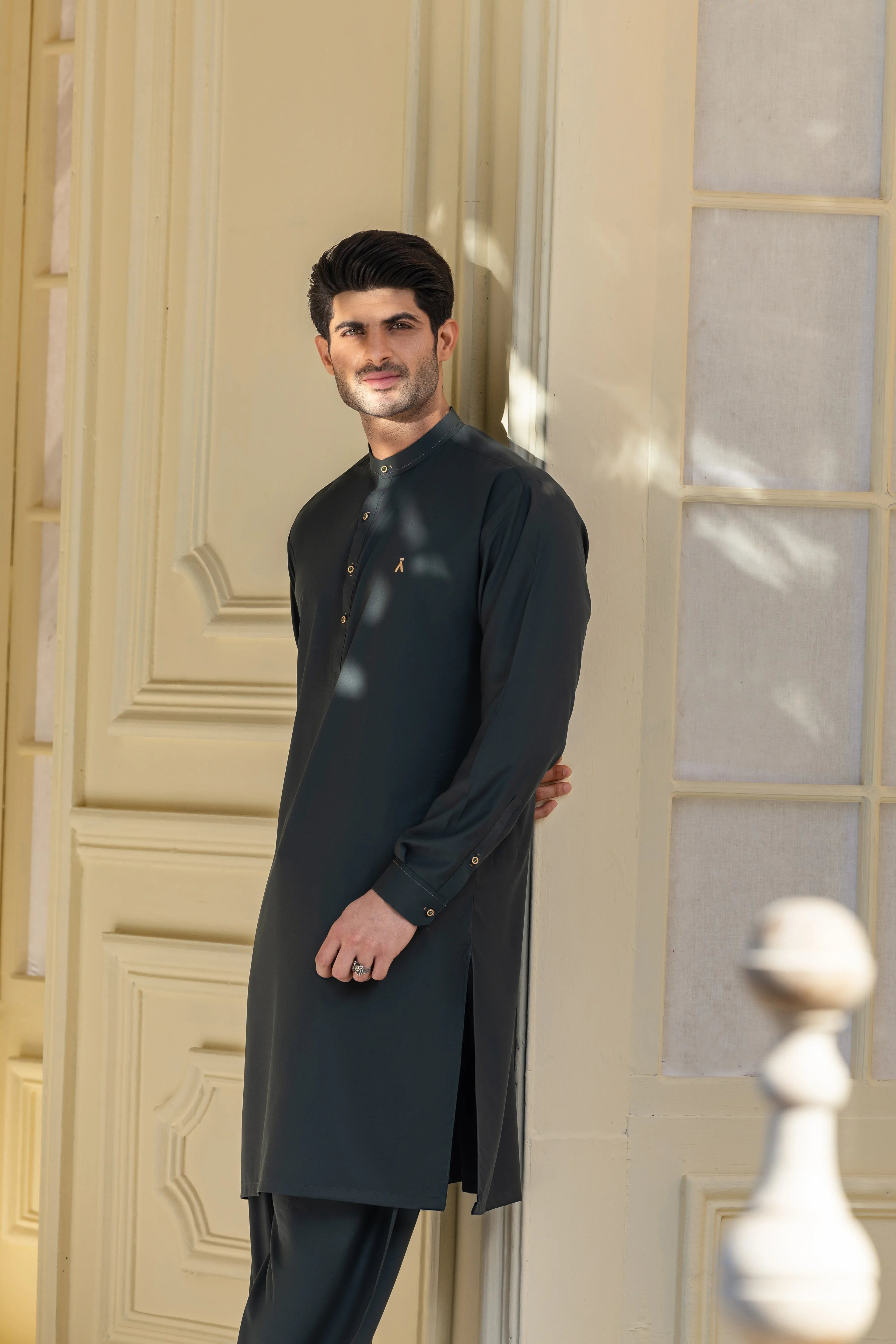 Stitched Full Ban Kurta Shalwar With Golden Accents for Men - Fern Green