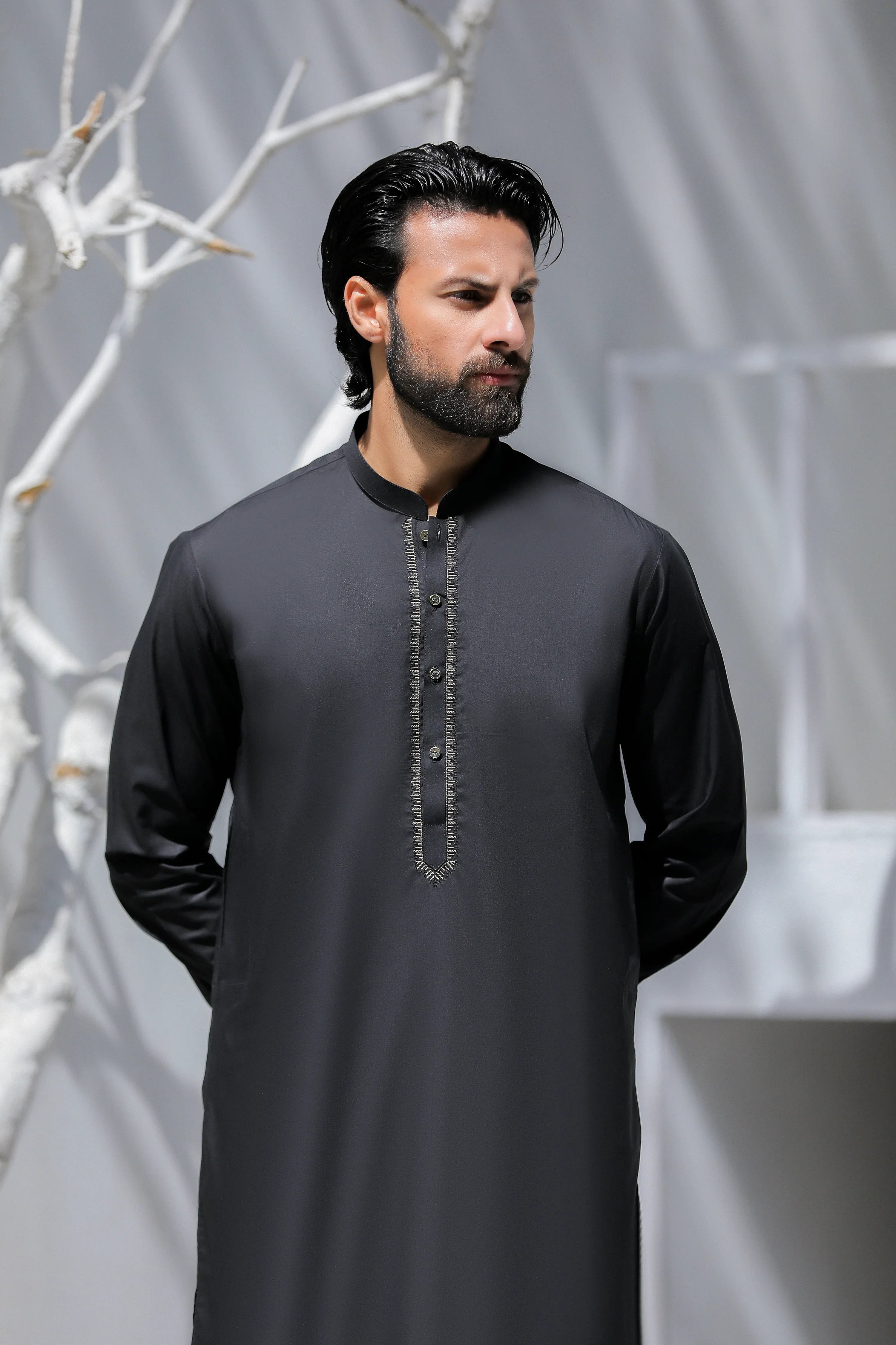 Stitched Golden Contrast Embroidered Kurta Trouser for Men - Black