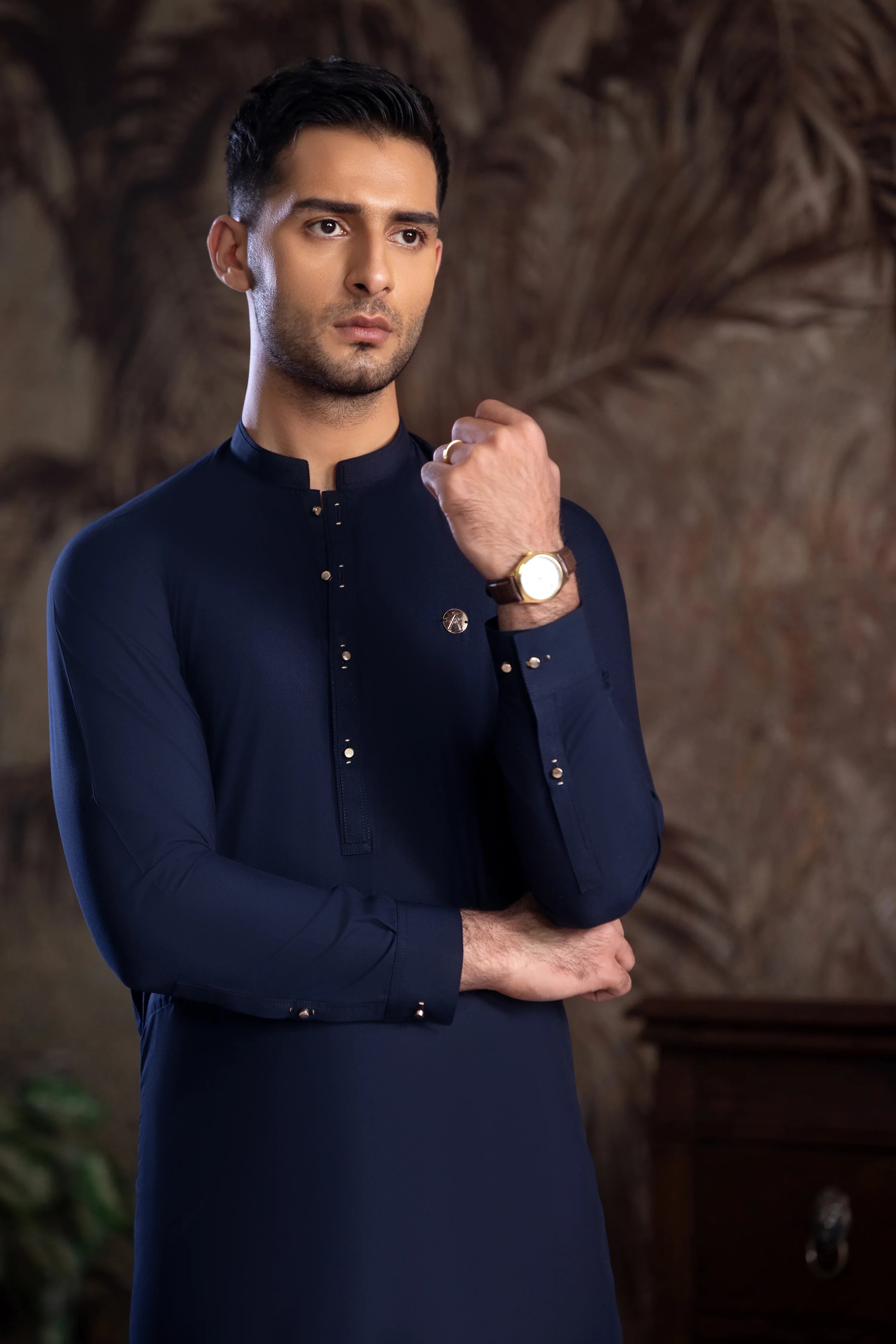 Stitched Golden Detailing Kurta Trouser With A MAN Badge for Men - Dark Blue