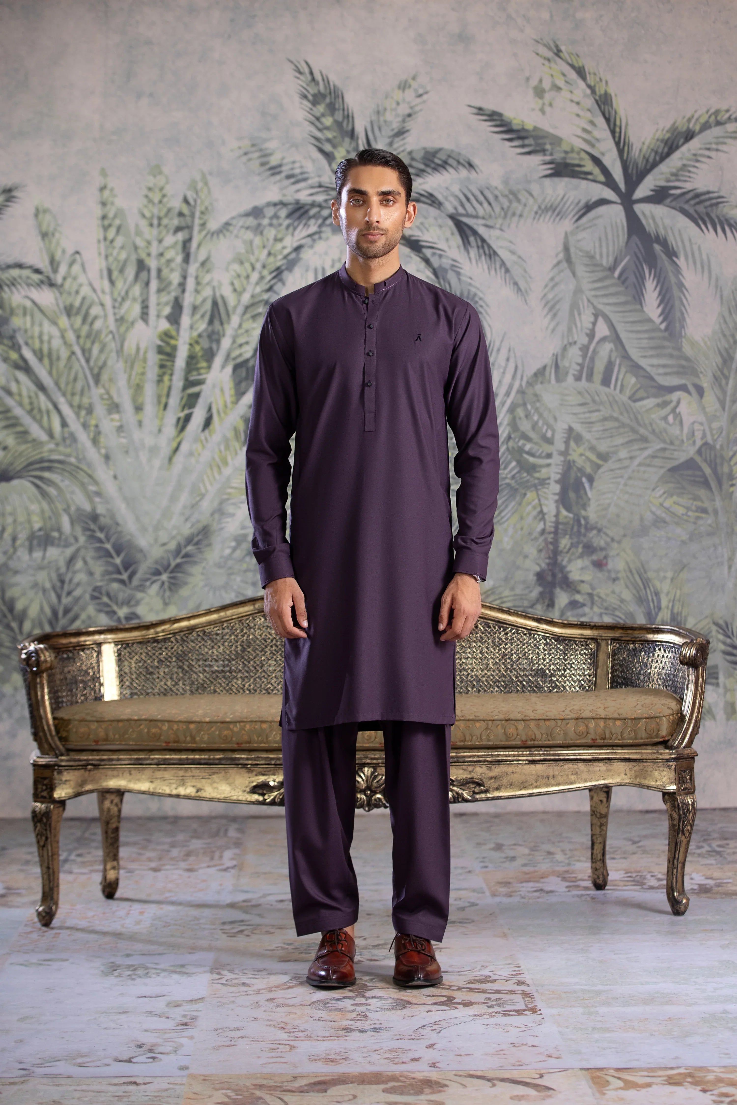 Stitched Kurta Shalwar With Contrast Buttons & Details for Men - Indigo