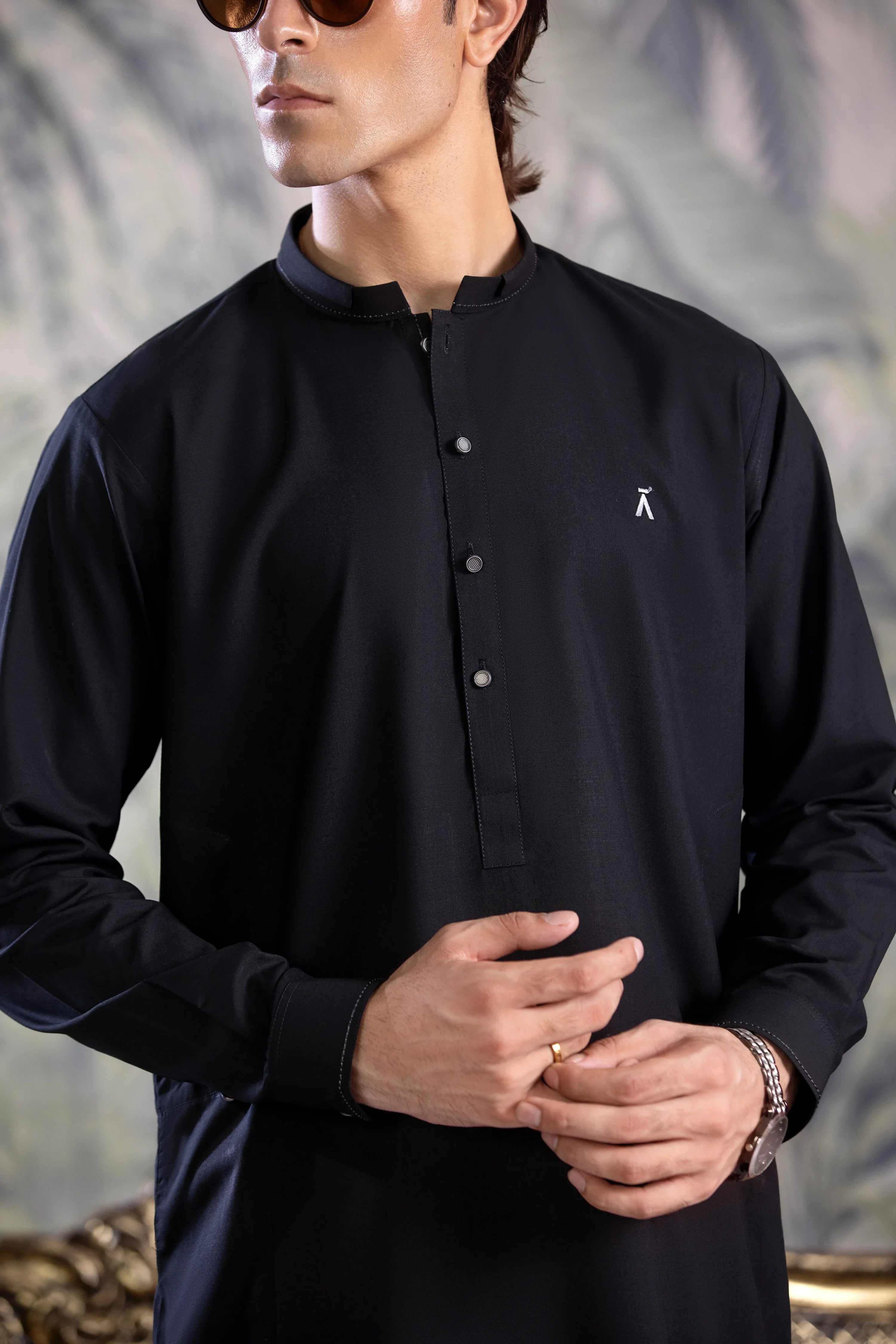 Stitched Kurta Shalwar With Contrast Detailing for Men - Black