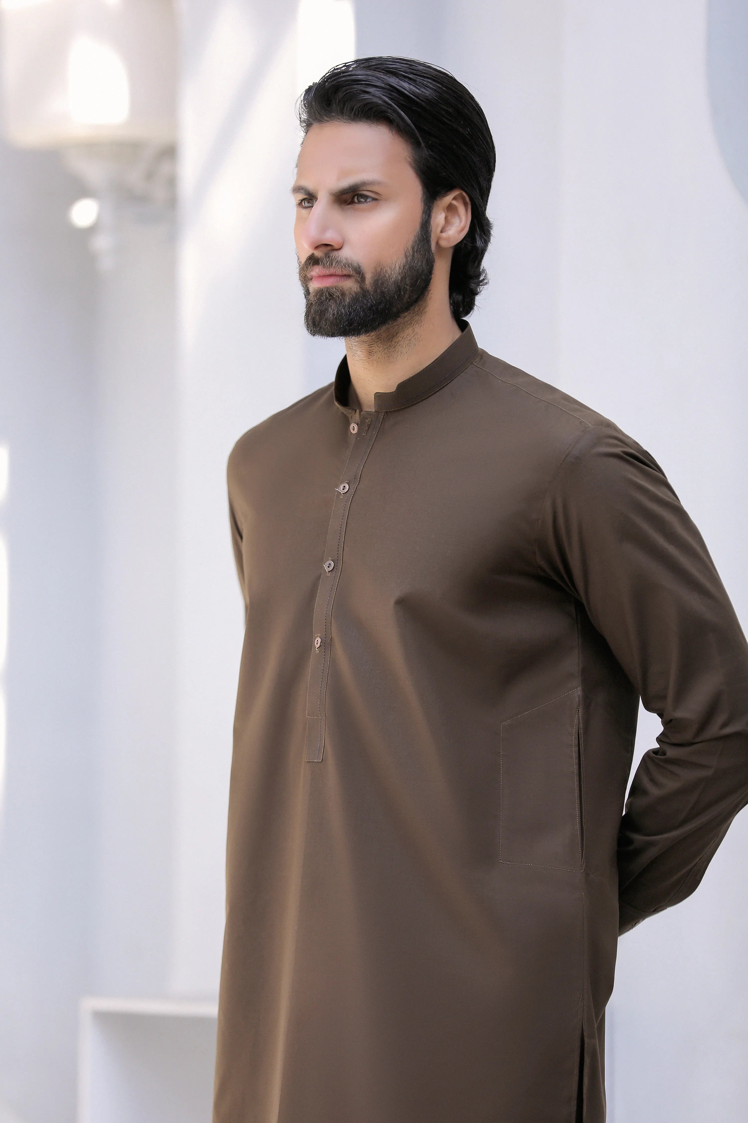 Stitched Kurta Trouser With Cut Ban & Thread Detailing for Men - Coffee