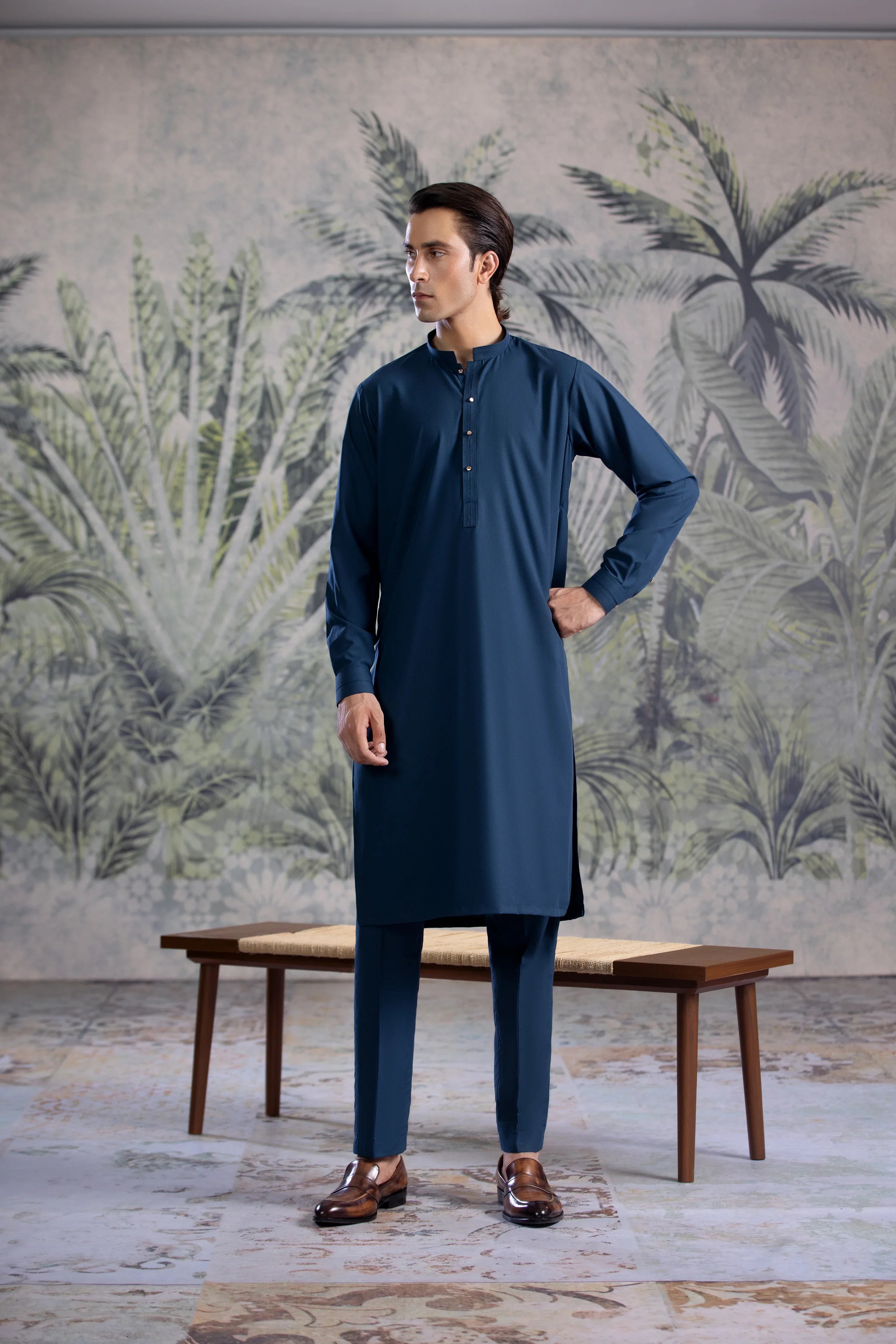 Stitched Kurta Trouser With Golden Metal Buttons & Thread Details for Men - Teal Blue