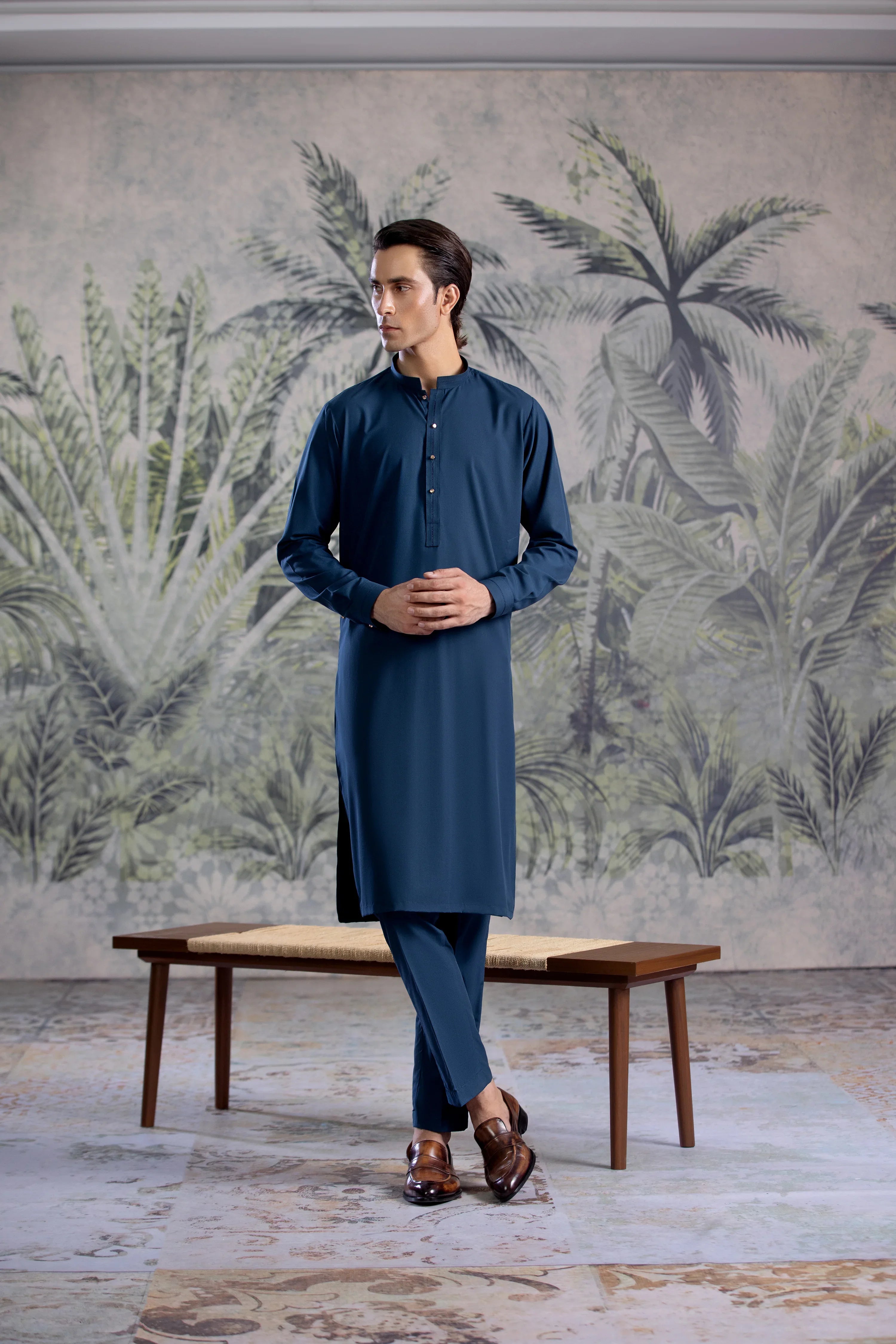 Stitched Kurta Trouser With Golden Metal Buttons & Thread Details for Men - Teal Blue