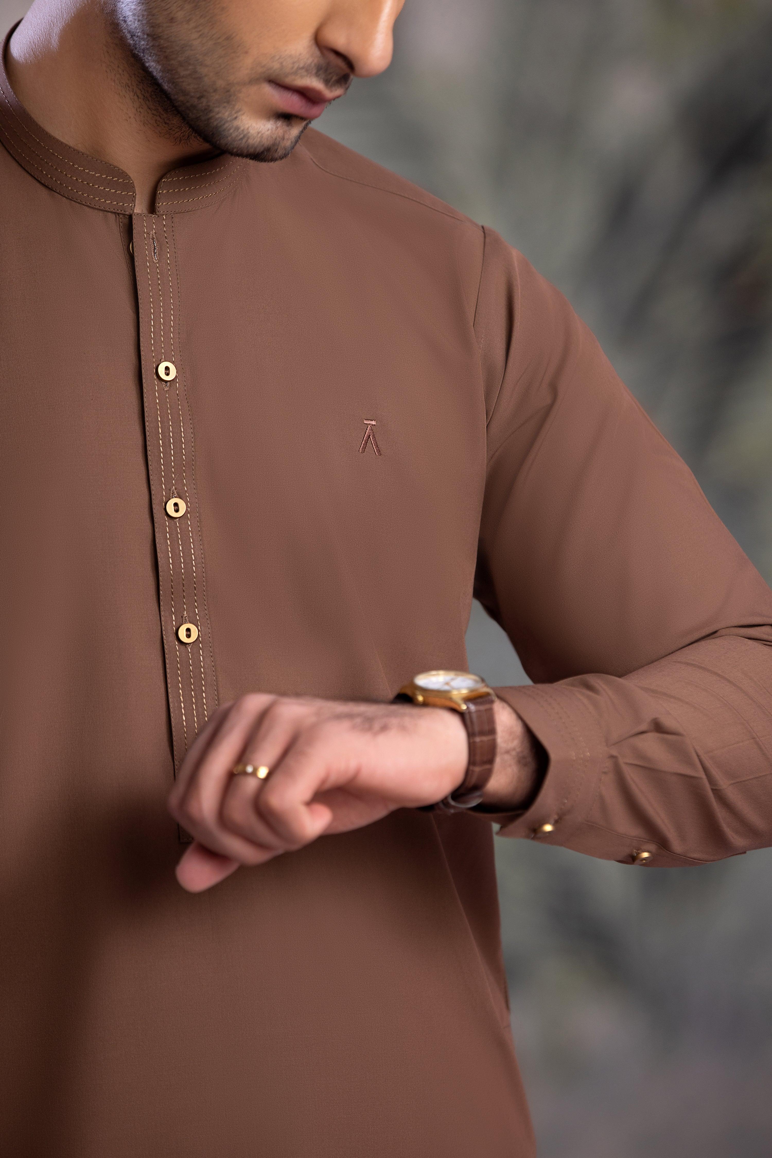 Stitched Kurta Trouser With Thread Detailing for Men - Coffee Brown