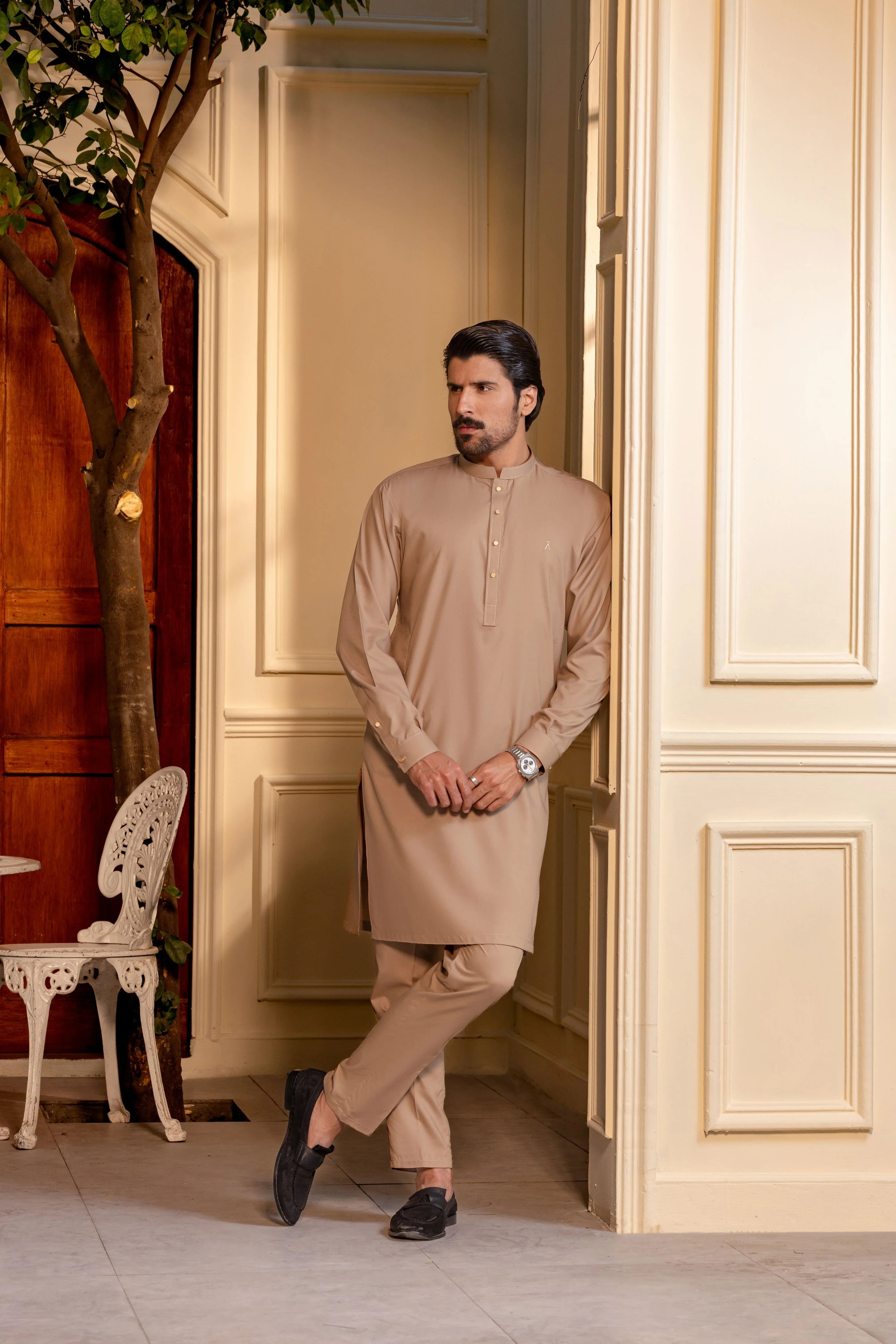 Stitched Kurta With Matching Trousers & Metal Buttons for Men - Camel Brown