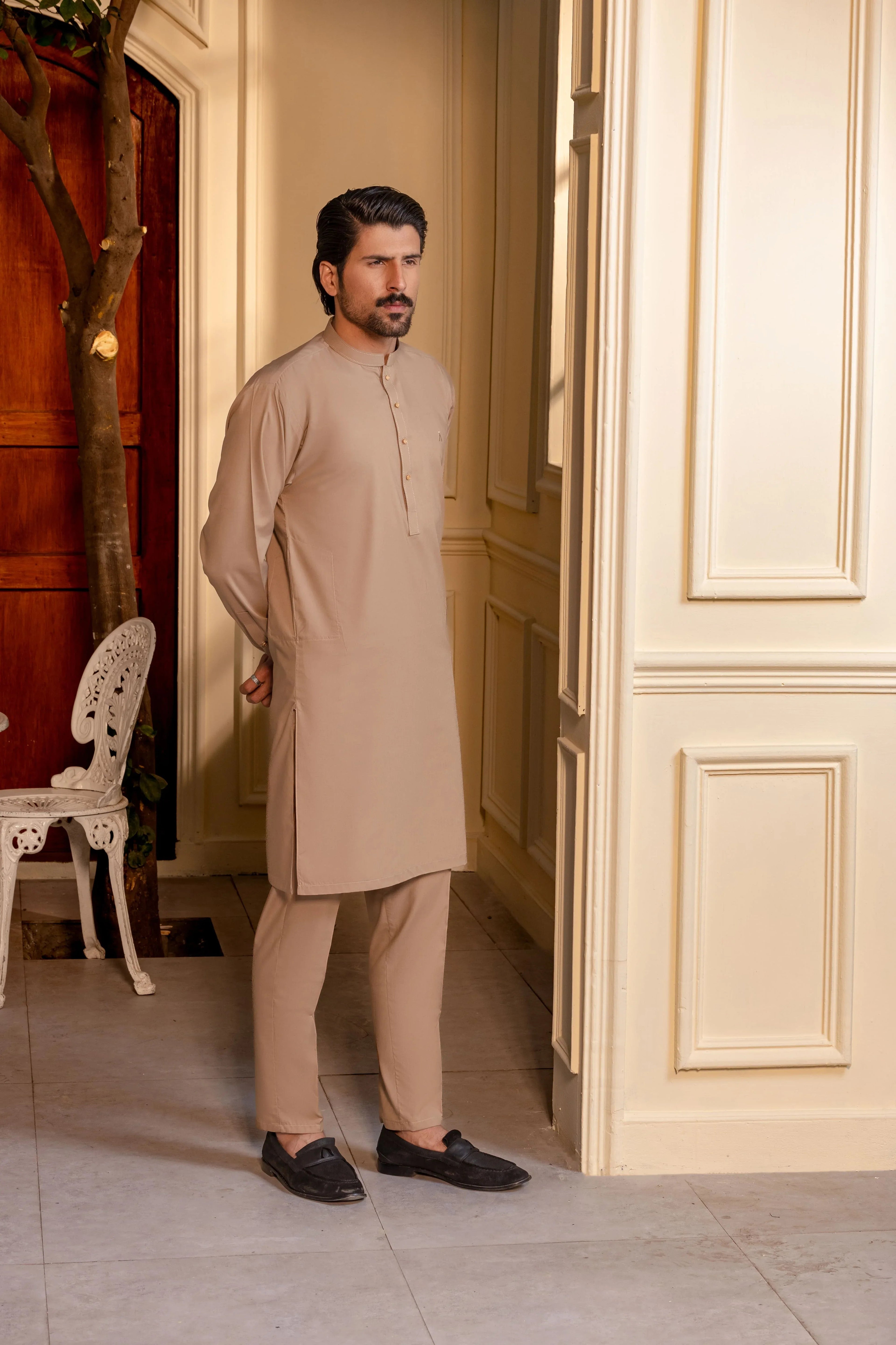 Stitched Kurta With Matching Trousers & Metal Buttons for Men - Camel Brown
