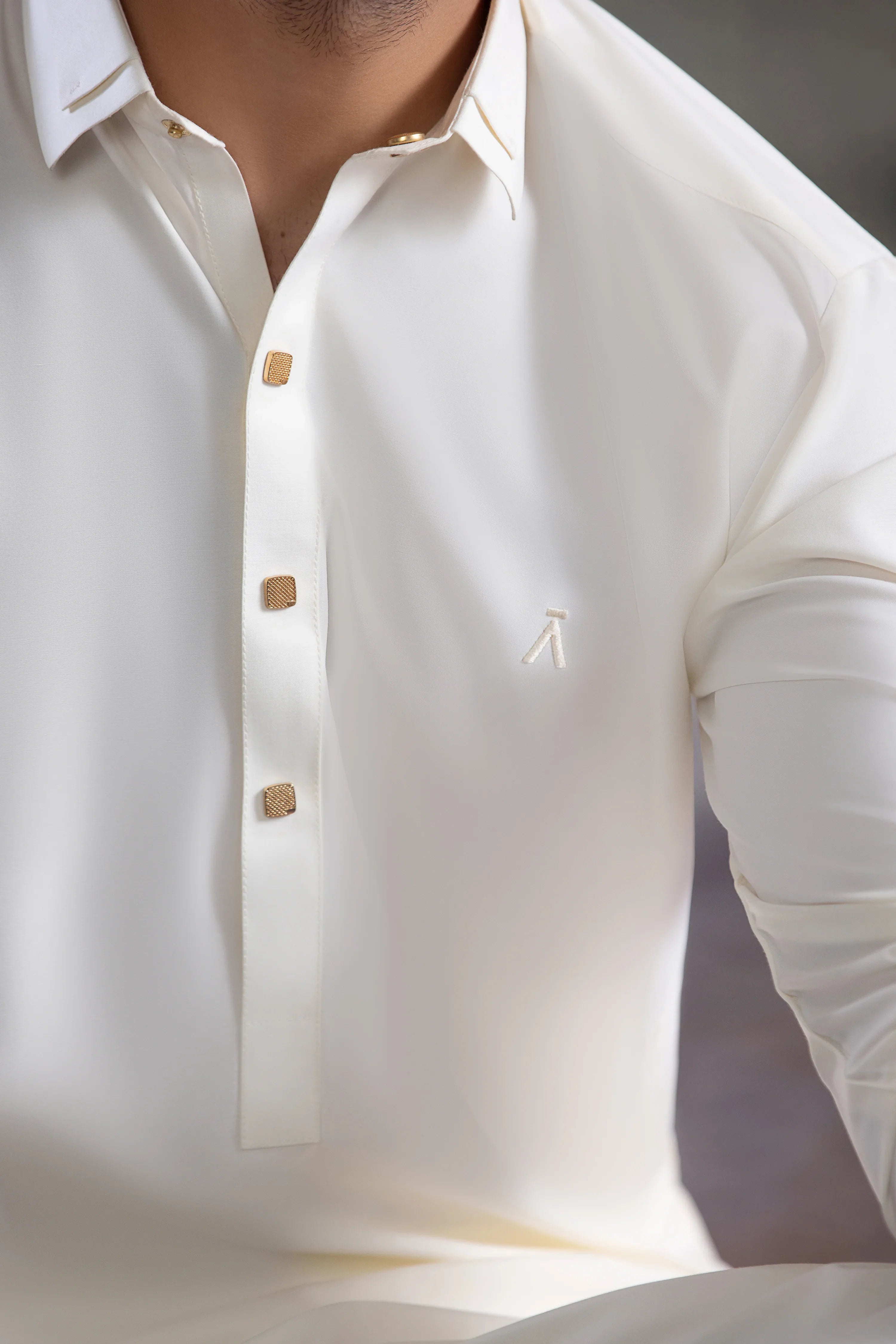 UnStitched Premium Boski Kameez Shalwar With Golden Square Buttons for Men - Cream