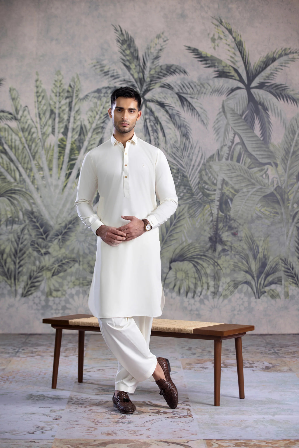 UnStitched Premium Boski Kameez Shalwar With Golden Square Buttons for Men - Cream