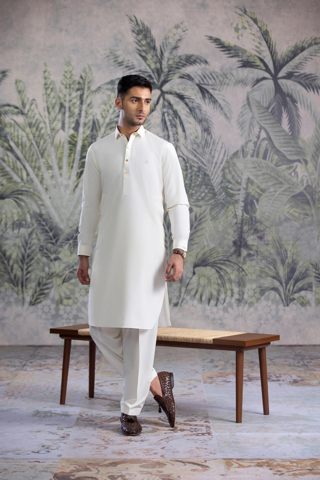 UnStitched Premium Boski Kameez Shalwar With Golden Square Buttons for Men - Cream