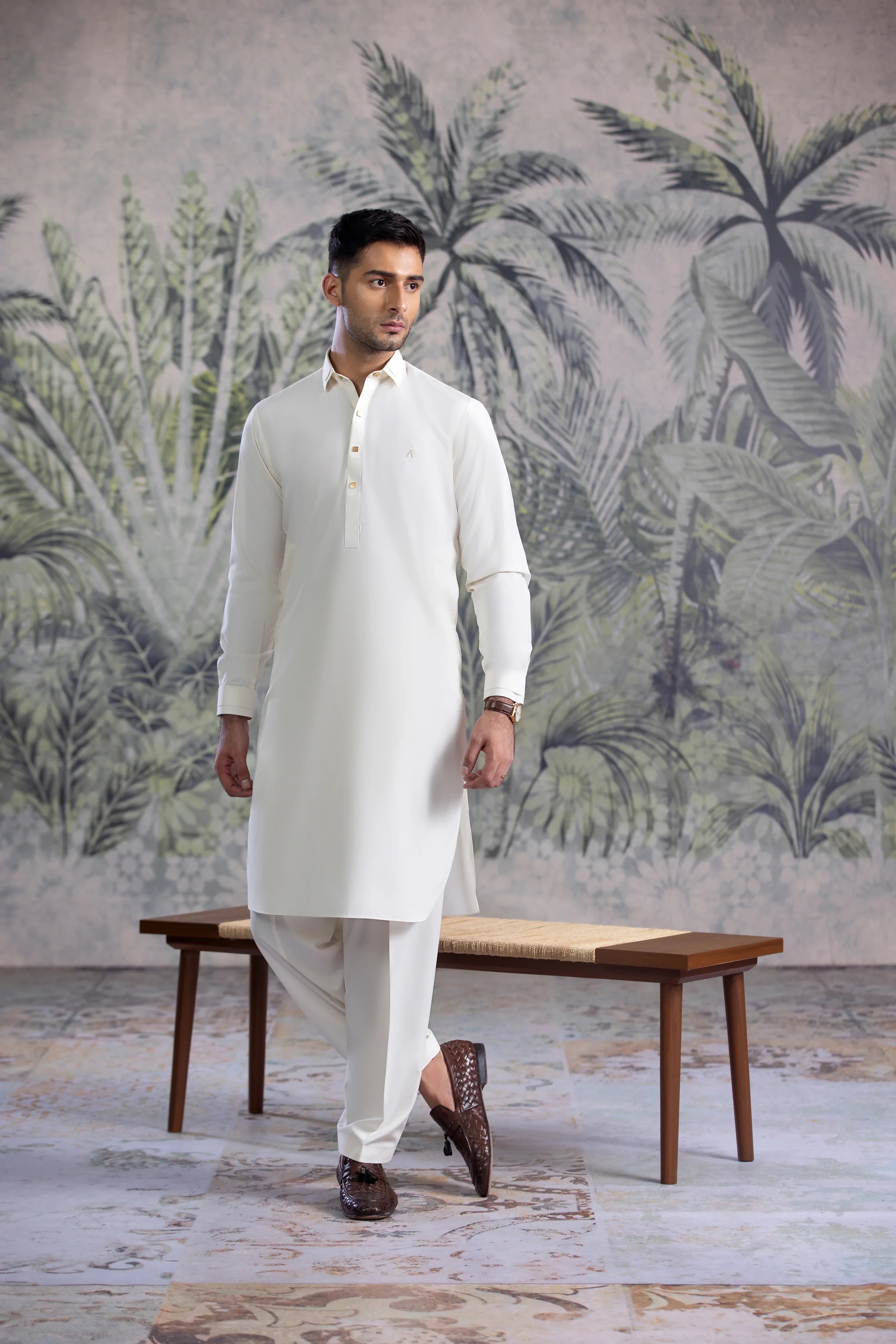 UnStitched Premium Boski Kameez Shalwar With Golden Square Buttons for Men - Cream