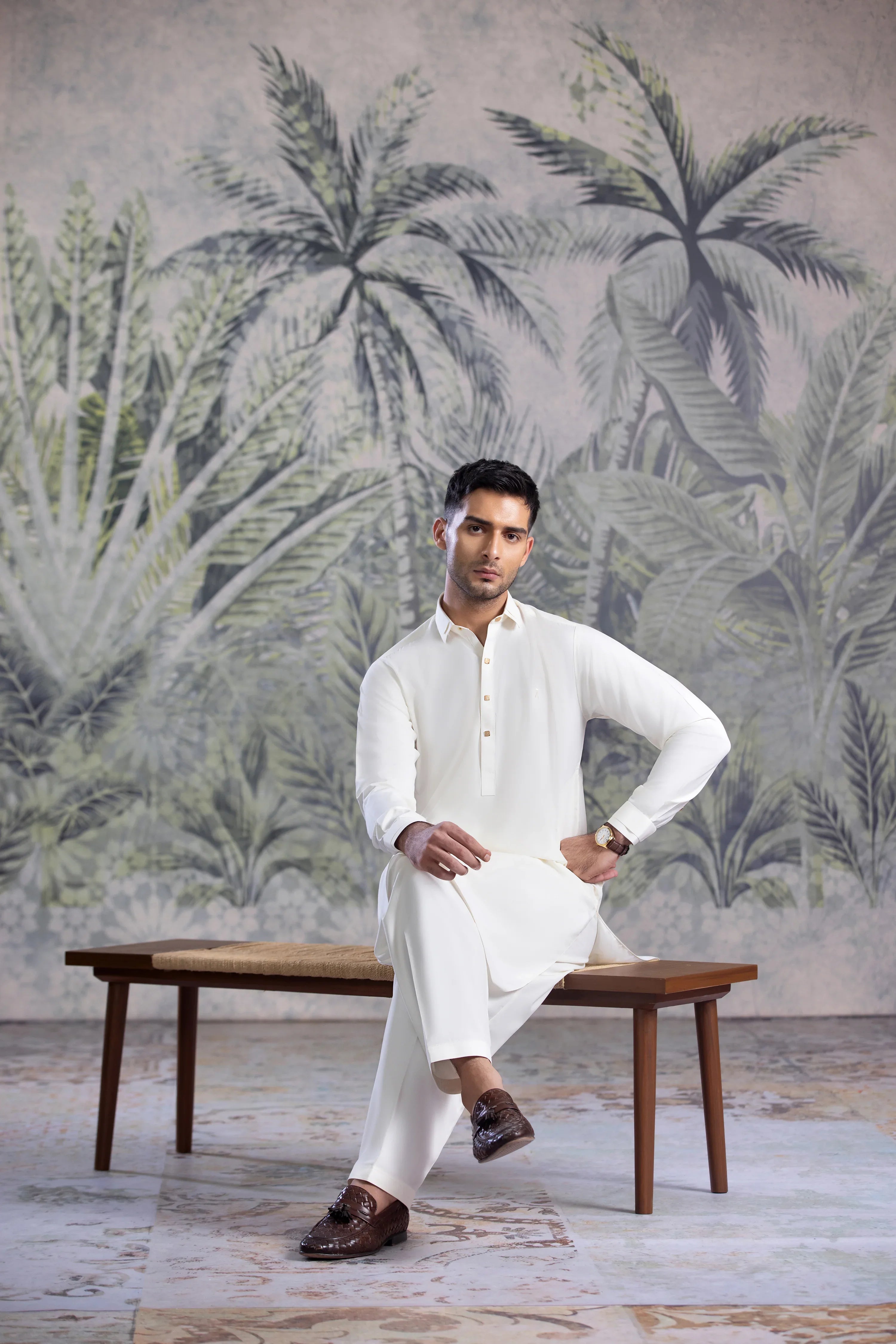 UnStitched Premium Boski Kameez Shalwar With Golden Square Buttons for Men - Cream