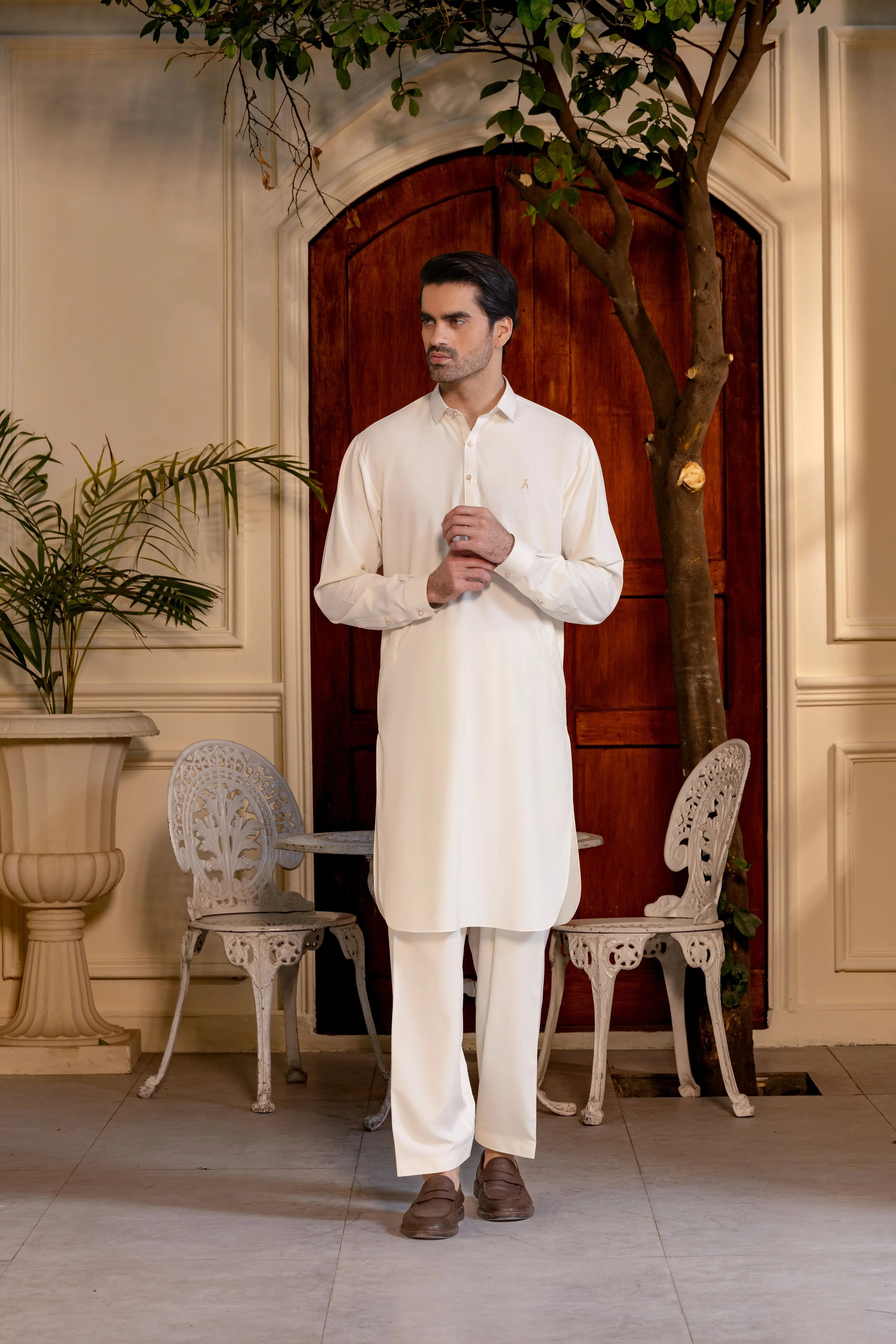 Stitched Premium Boski Kameez Shalwar With Logo Buttons for Men - Cream