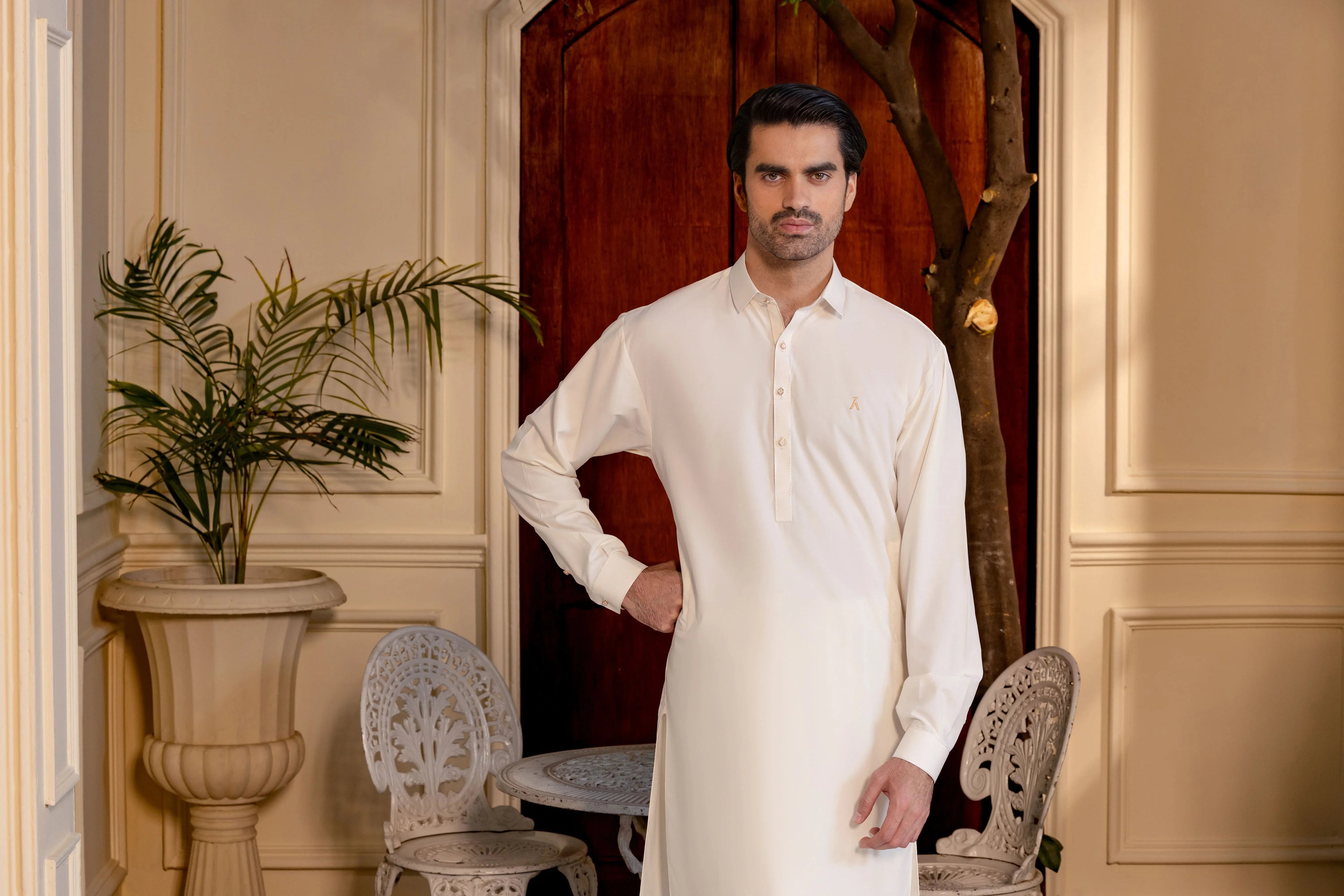 Stitched Premium Boski Kameez Shalwar With Logo Buttons for Men - Cream