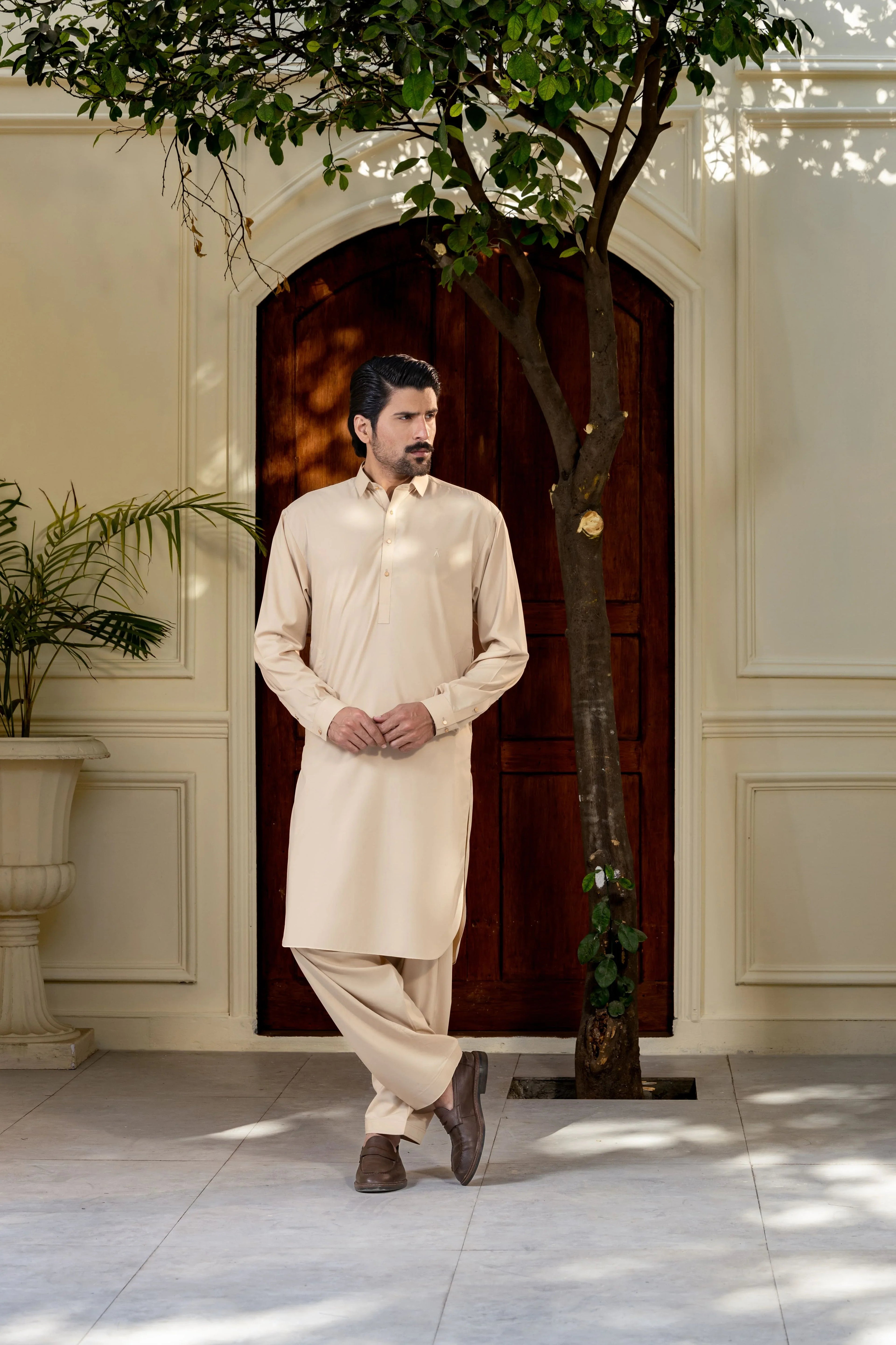 Stitched Premium Collar Kameez With Matching Shalwar for Men - Biscuit