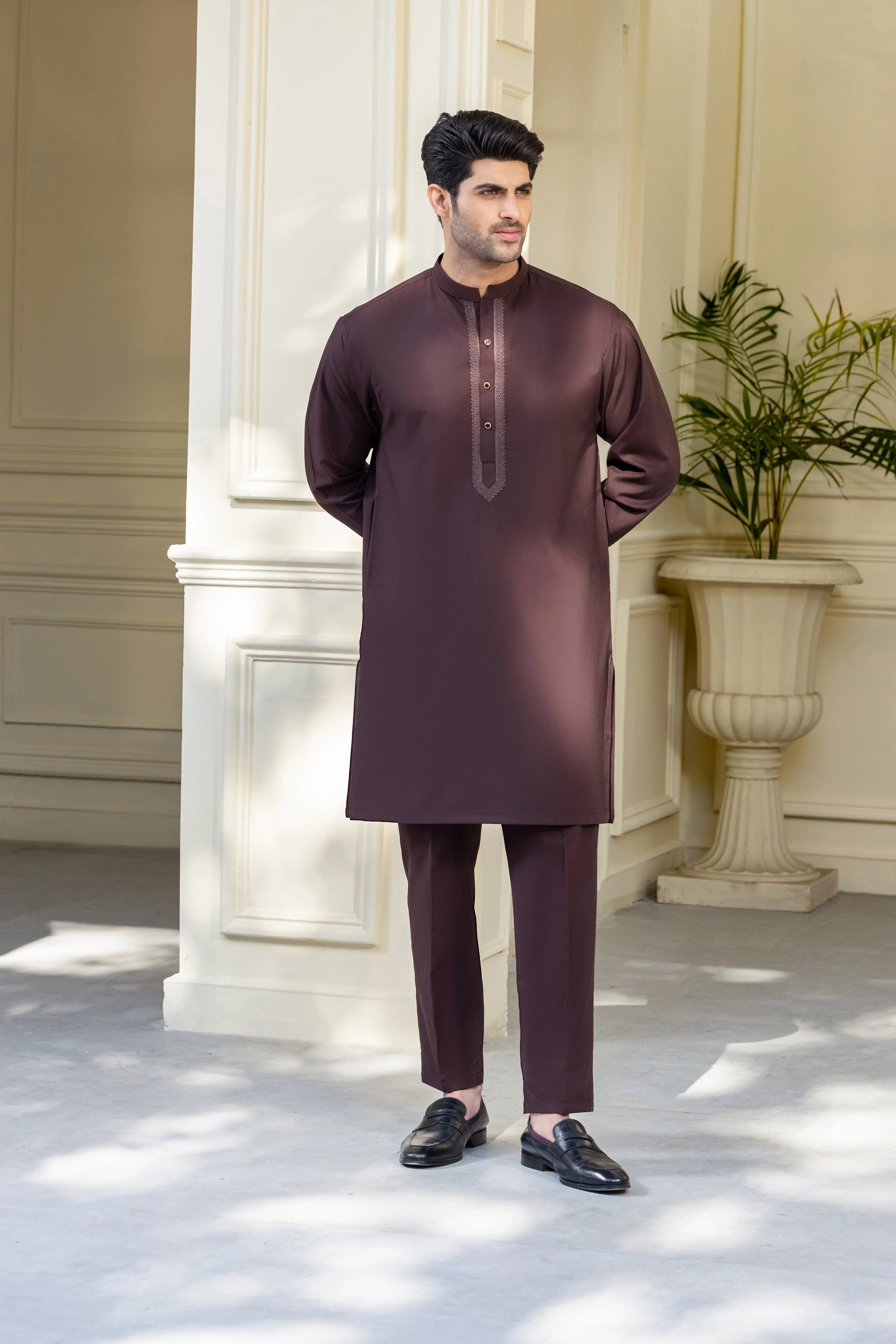 Stitched Premium Embroidered Kurta With Matching Trousers for Men - Dark Brown