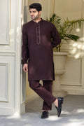 Stitched Premium Embroidered Kurta With Matching Trousers for Men - Dark Brown