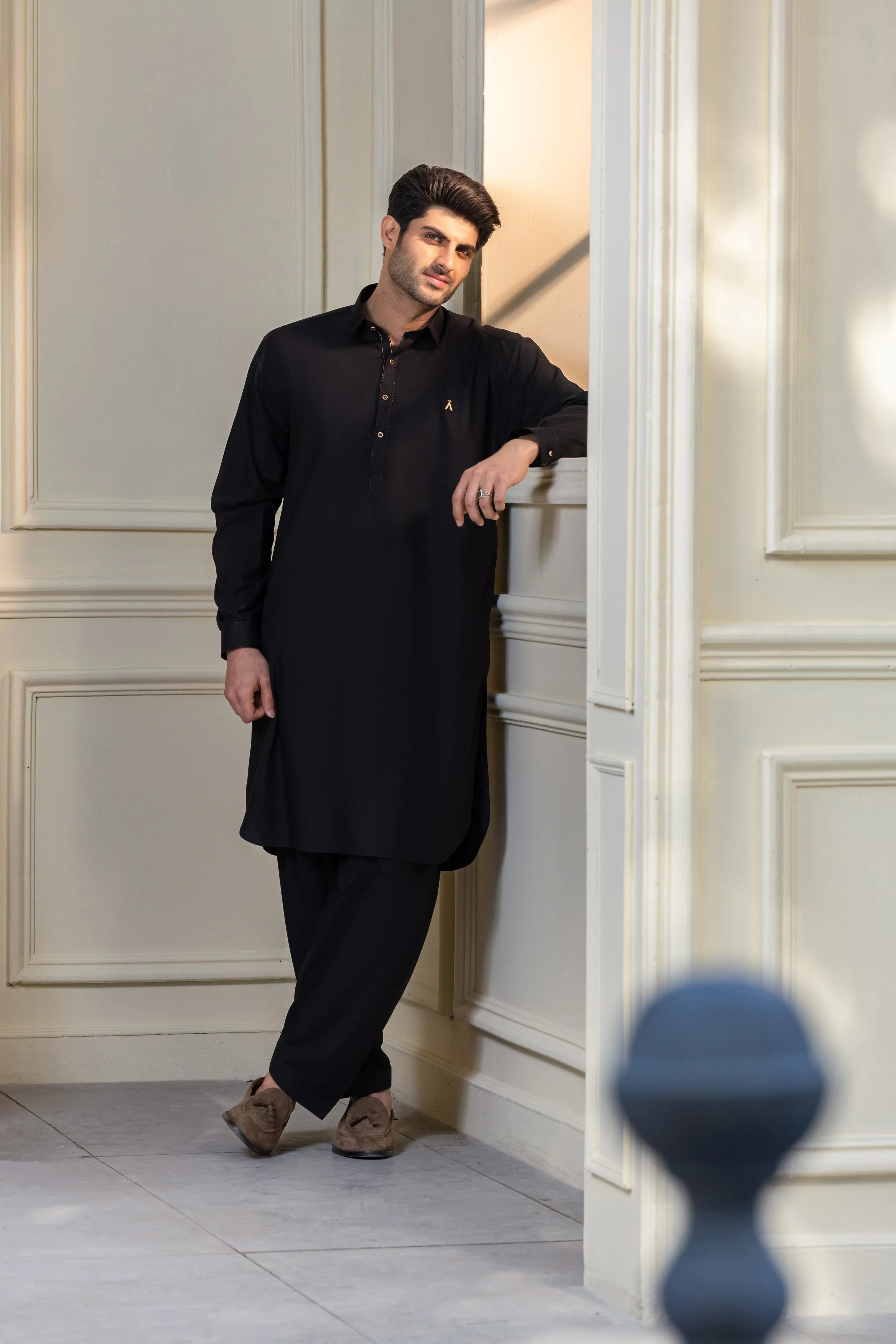Stitched Premium Kameez Shalwar With Golden Accent for Men  - Black