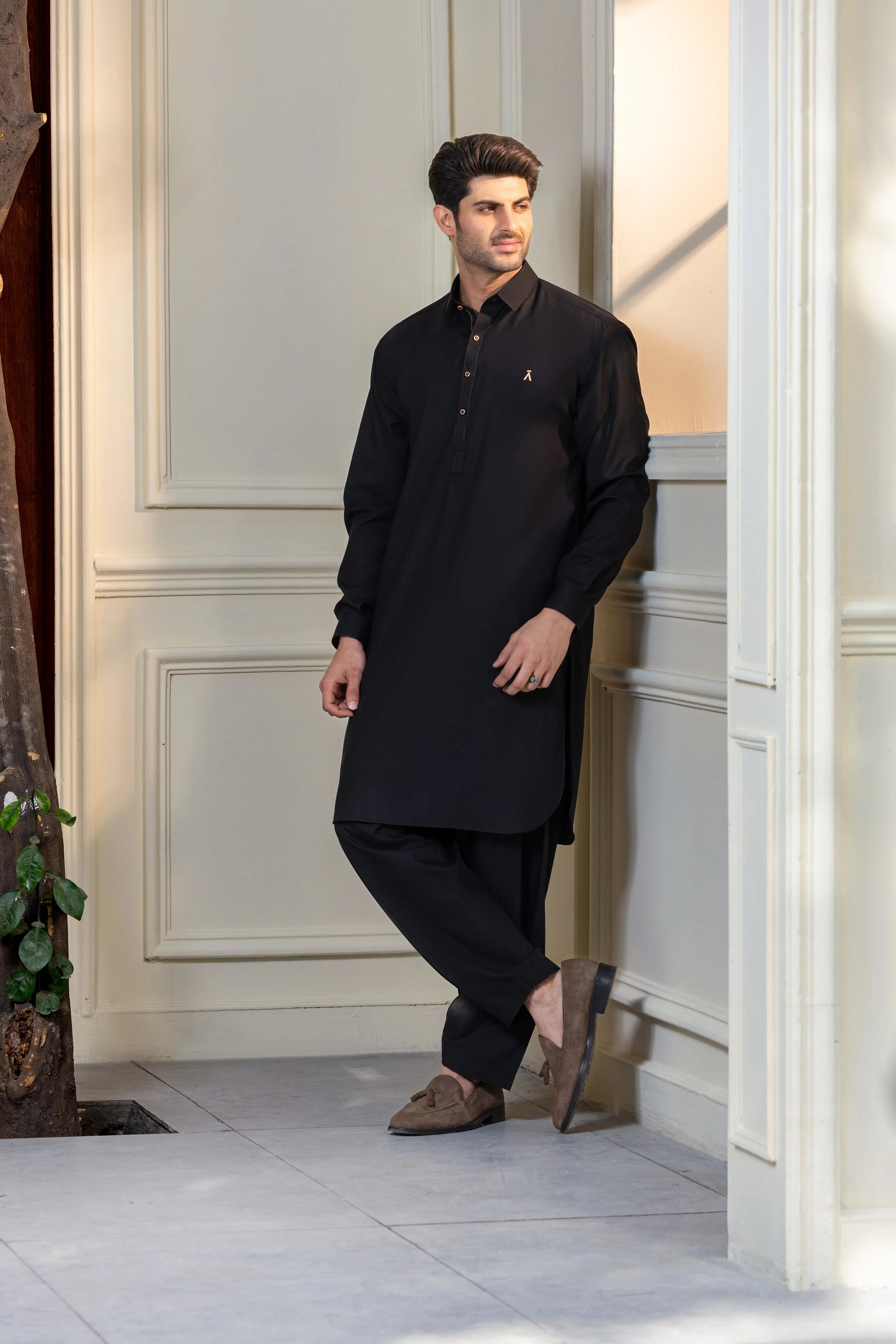 Stitched Premium Kameez Shalwar With Golden Accent for Men  - Black