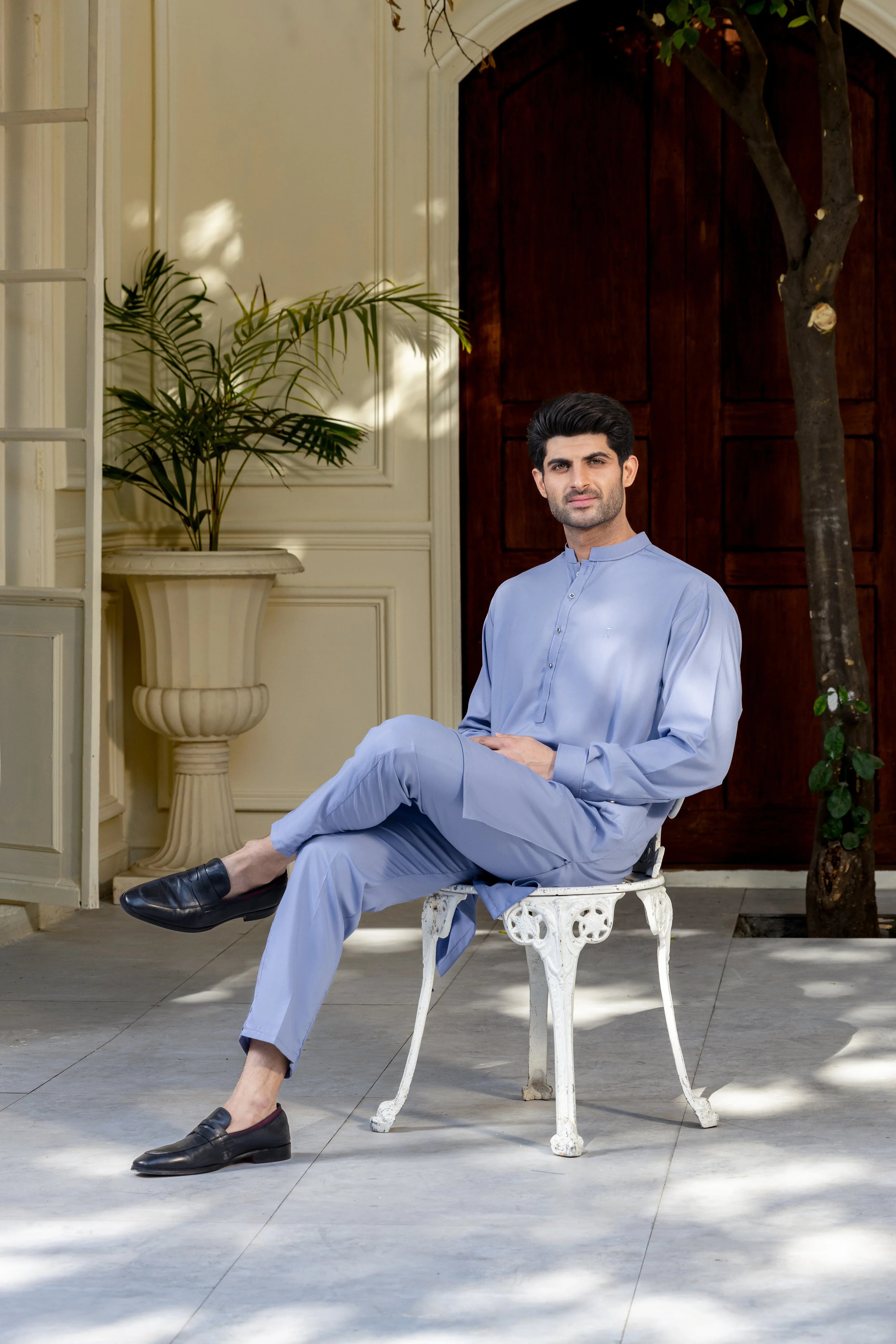 Stitched Premium Kurta With Matching Trousers for Men - Mid Blue